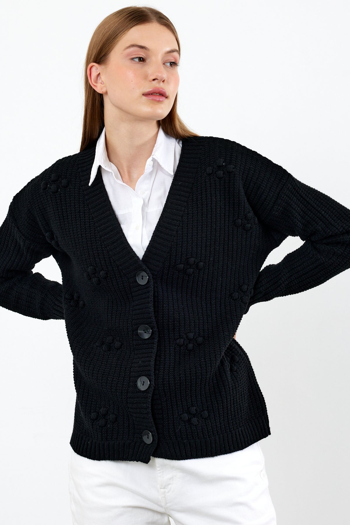 Short Knit Cardigan Solid Color Knit Detailed - SKU: 4002