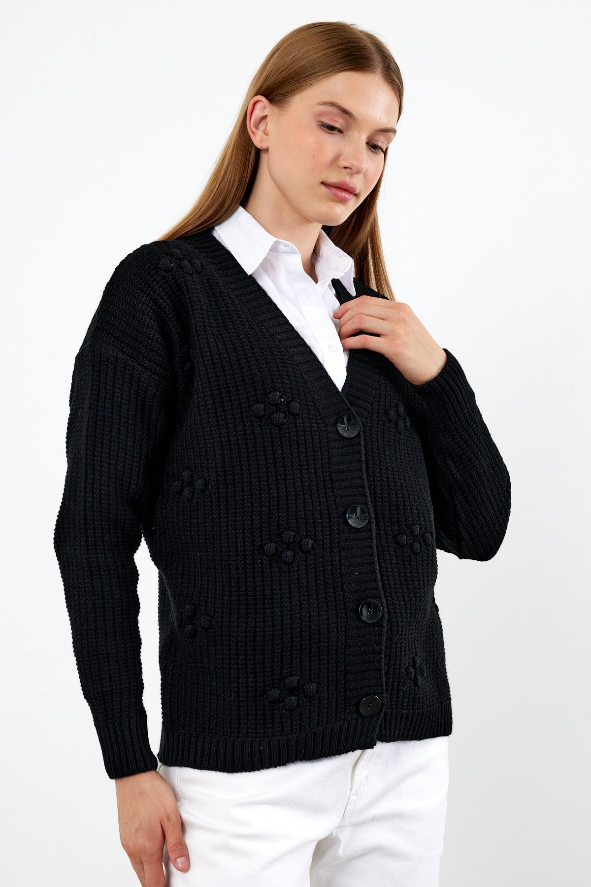 Short Knit Cardigan Solid Color Knit Detailed - SKU: 4002