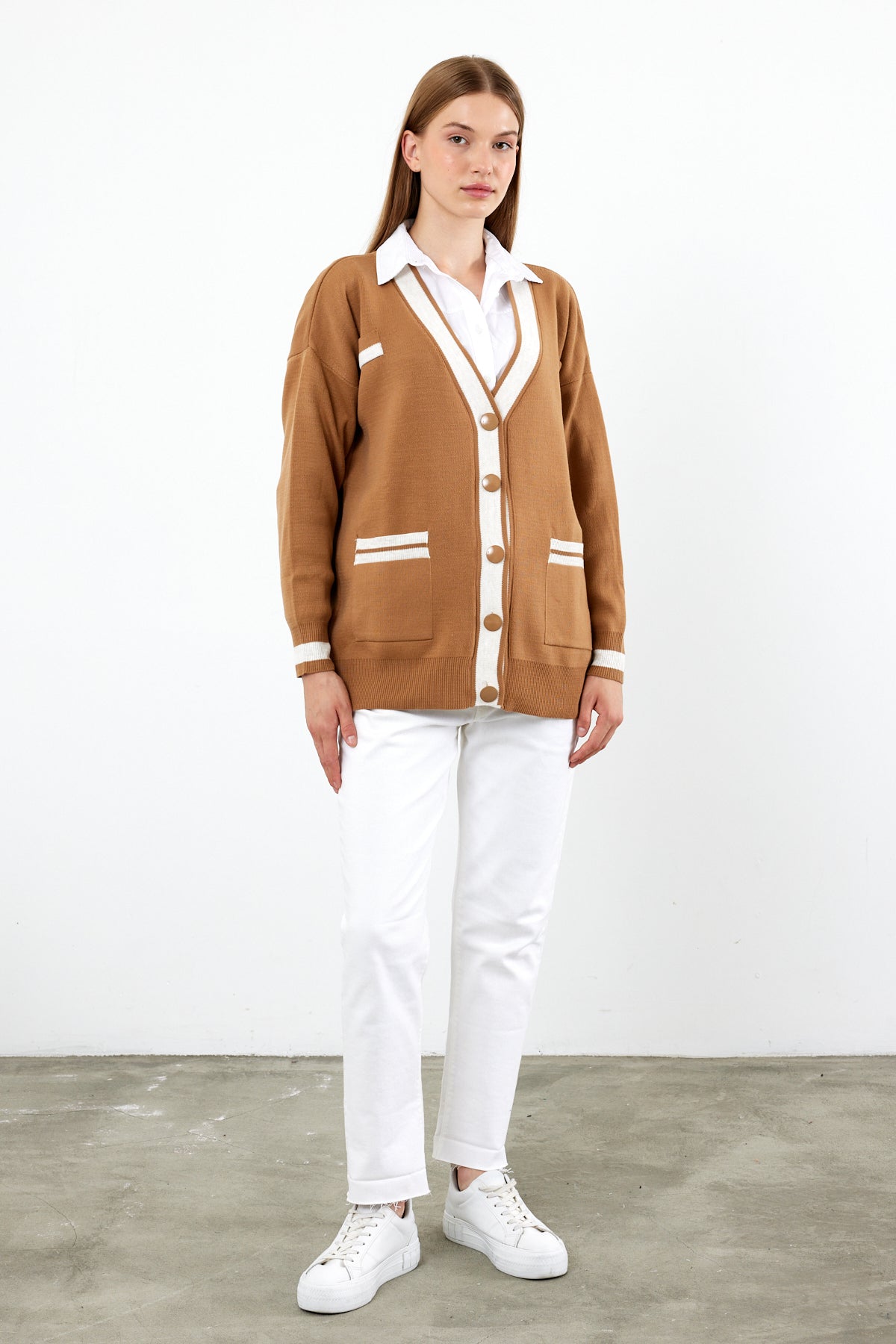 Knit Cardigan Mid/Long Length White Stripe Detailed - SKU: 1294