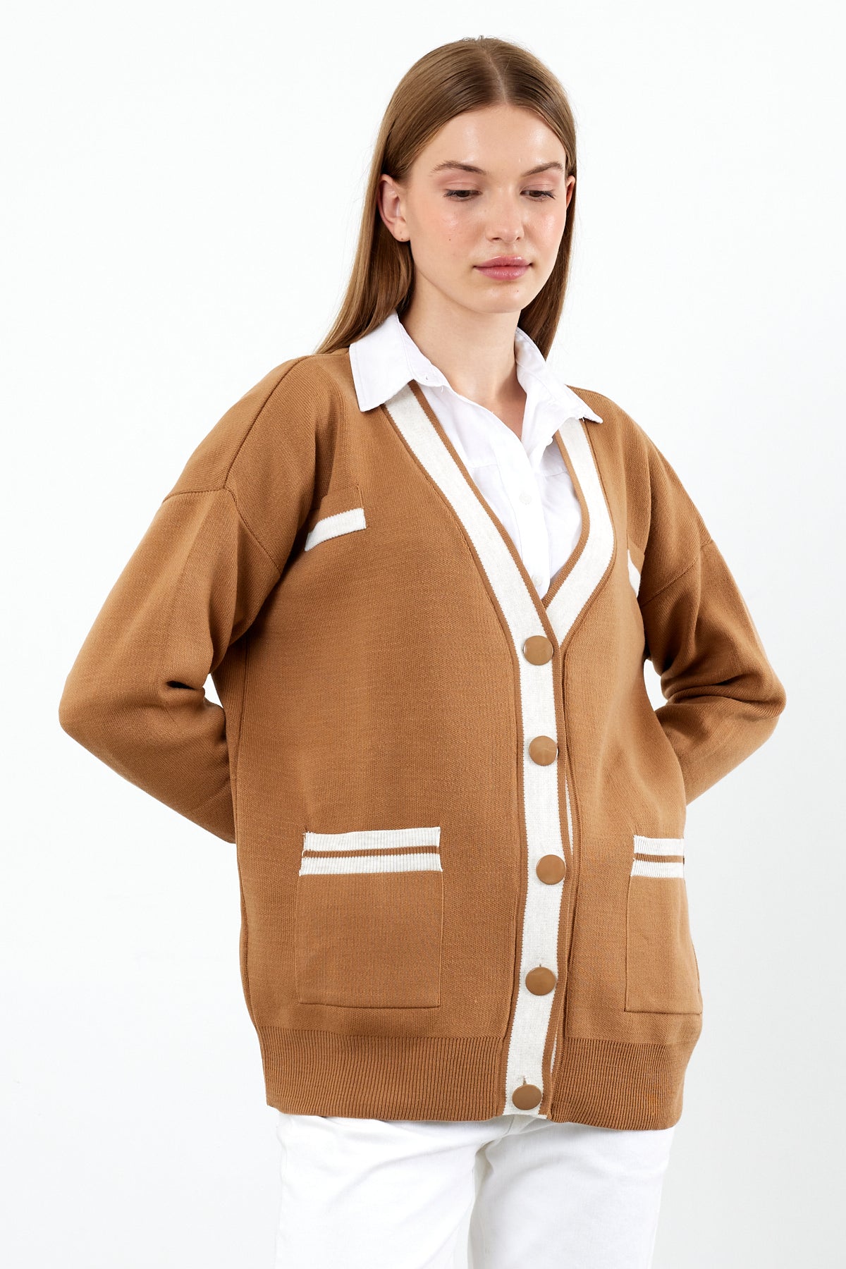 Knit Cardigan Mid/Long Length White Stripe Detailed - SKU: 1294