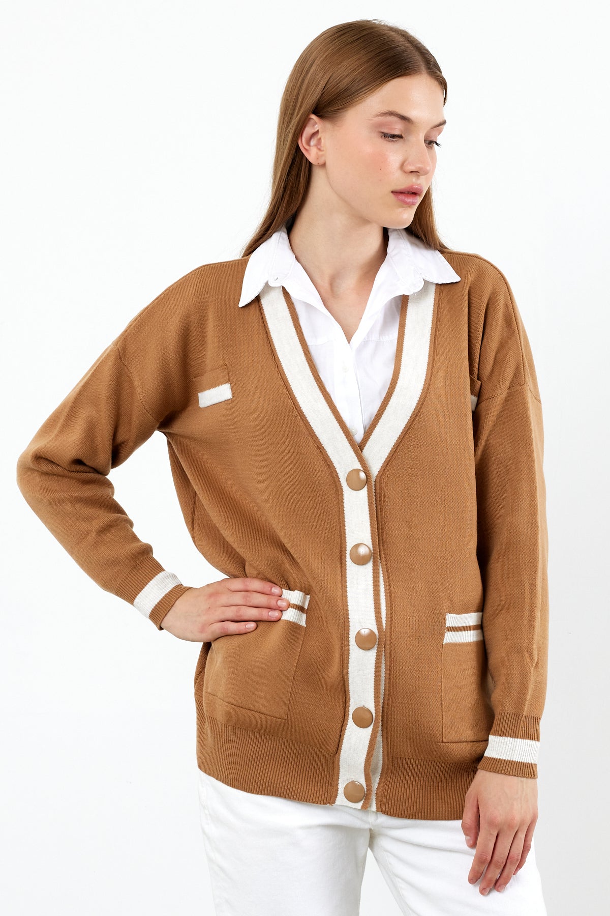 Knit Cardigan Mid/Long Length White Stripe Detailed - SKU: 1294