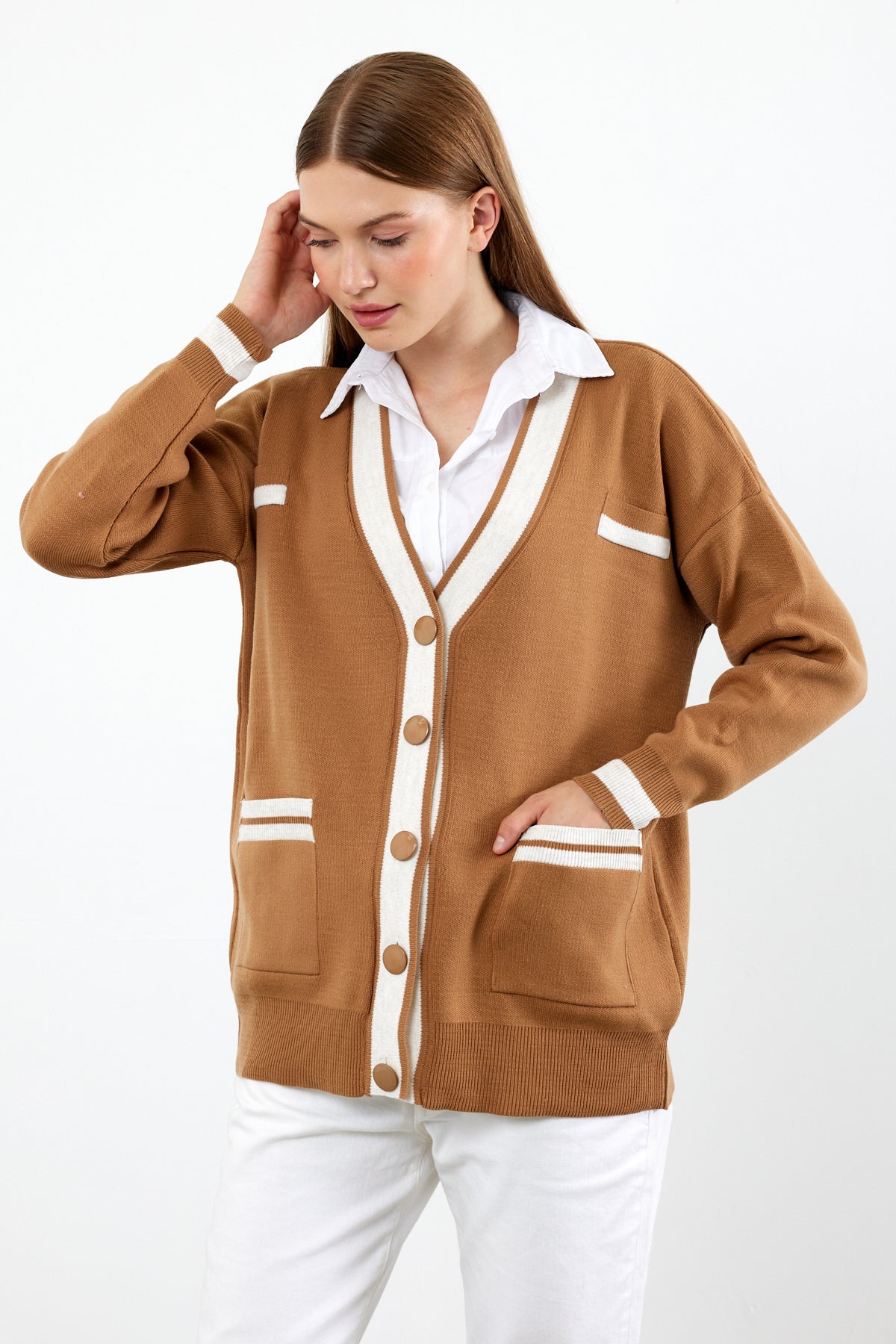 Knit Cardigan Mid/Long Length White Stripe Detailed - SKU: 1294
