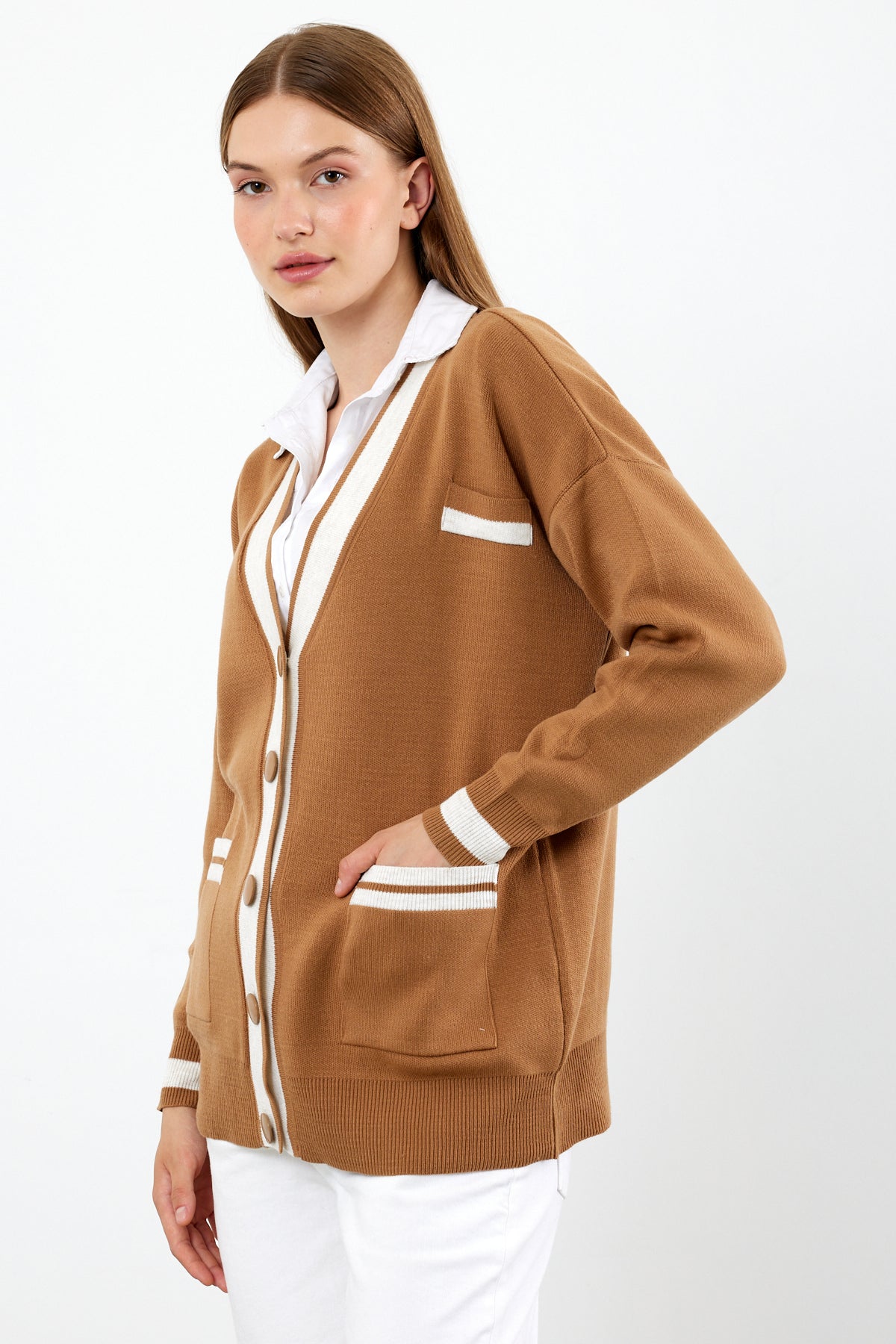 Knit Cardigan Mid/Long Length White Stripe Detailed - SKU: 1294