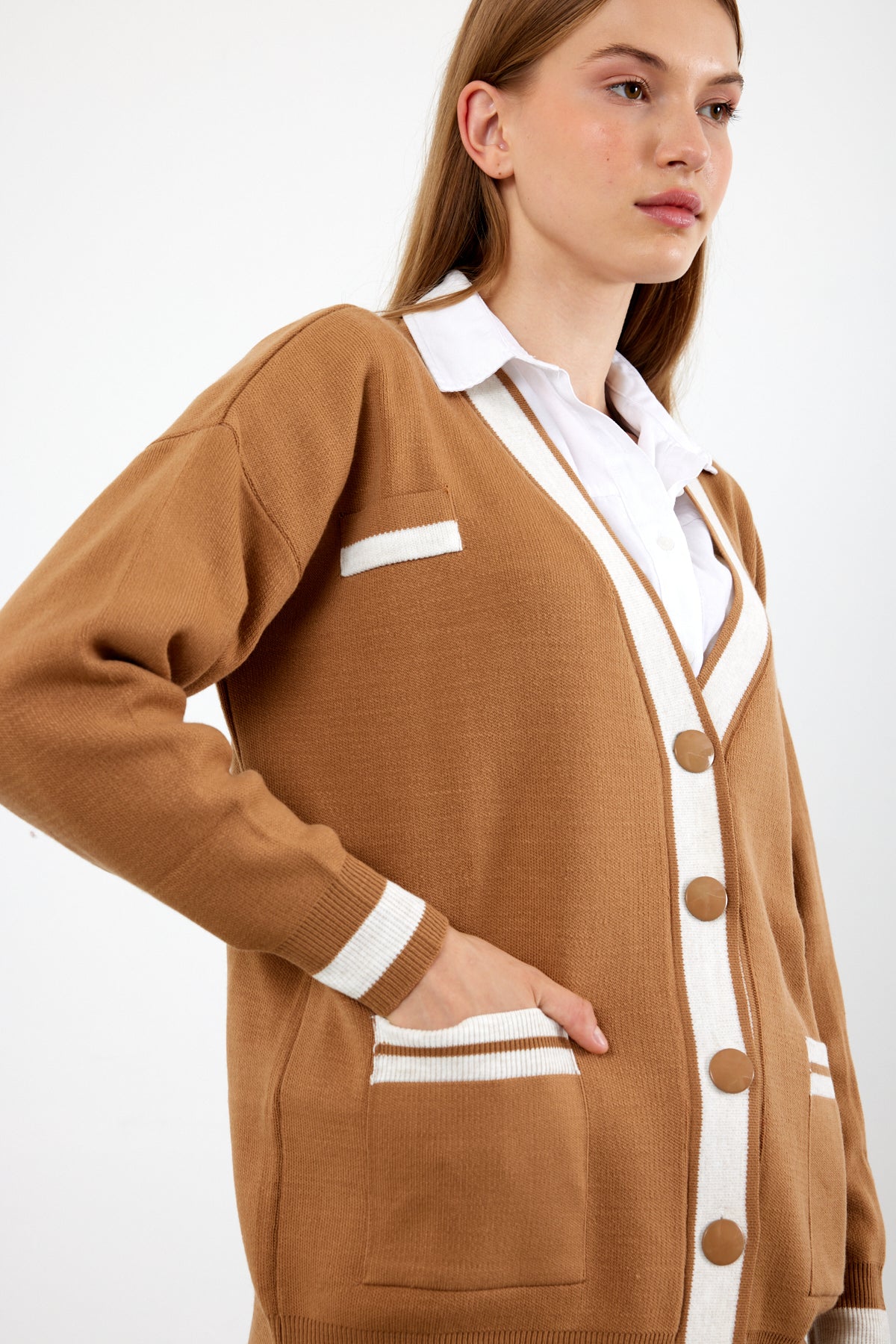 Knit Cardigan Mid/Long Length White Stripe Detailed - SKU: 1294