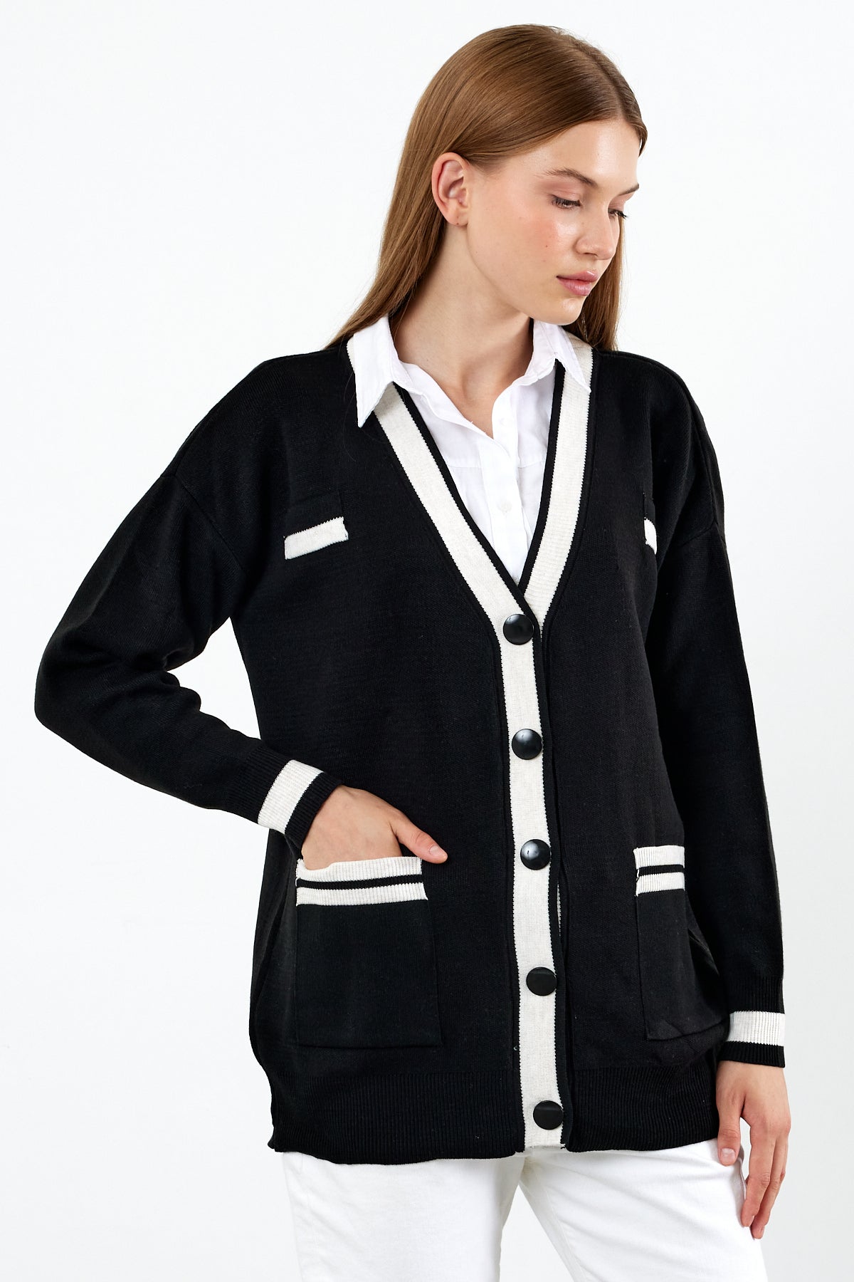 Knit Cardigan Mid/Long Length White Stripe Detailed - SKU: 1294