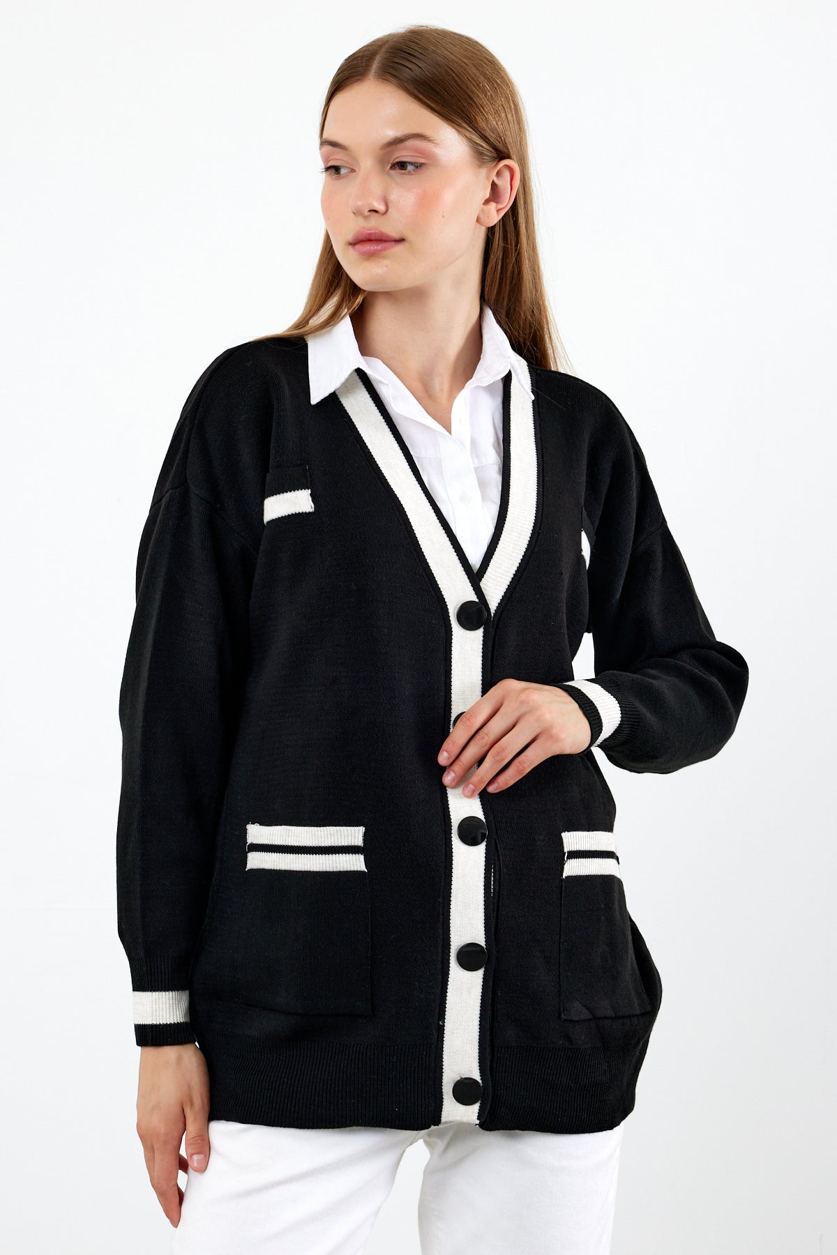 Knit Cardigan Mid/Long Length White Stripe Detailed - SKU: 1294