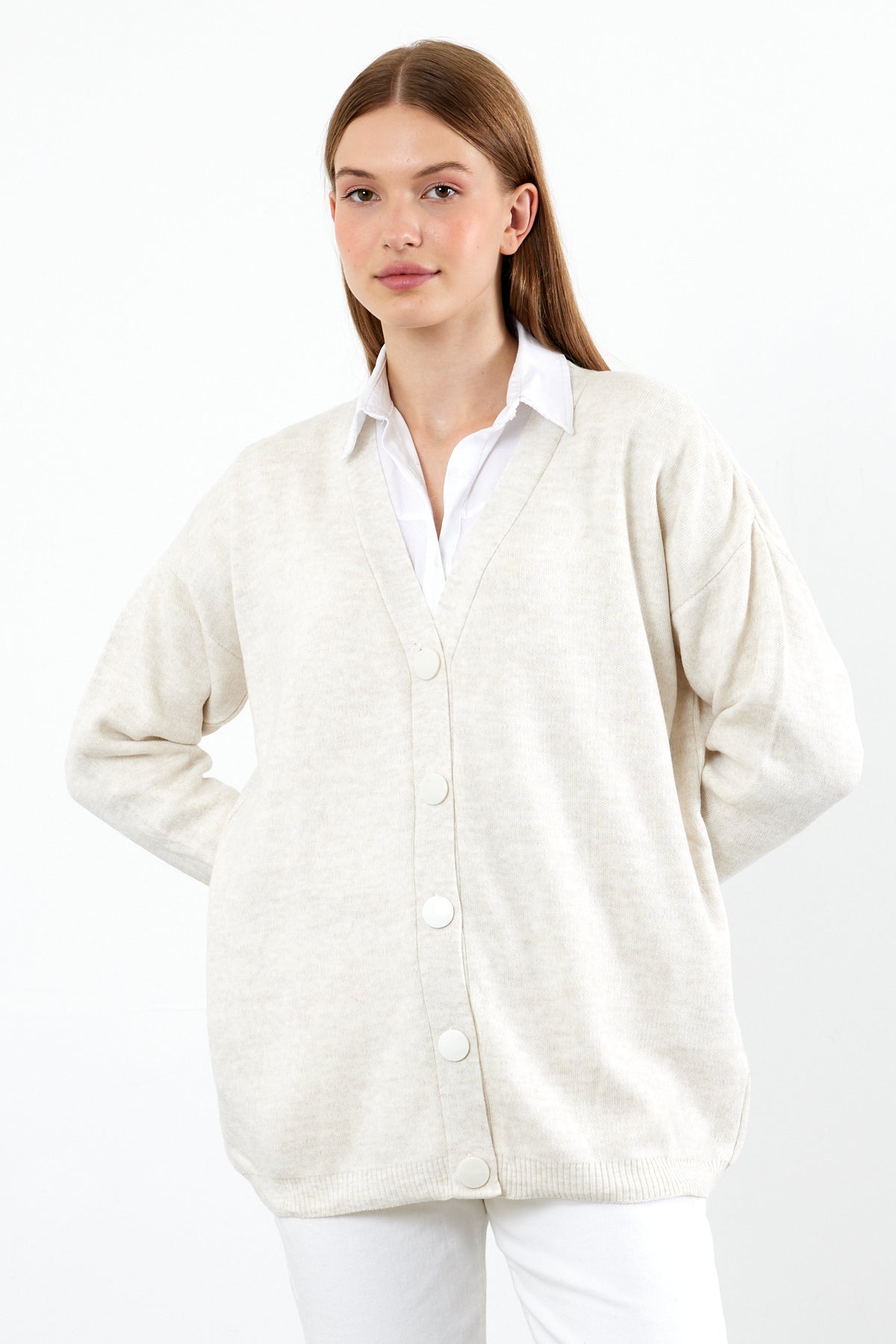 Solid Color Knit Cardigan Mid Length - SKU: 1254