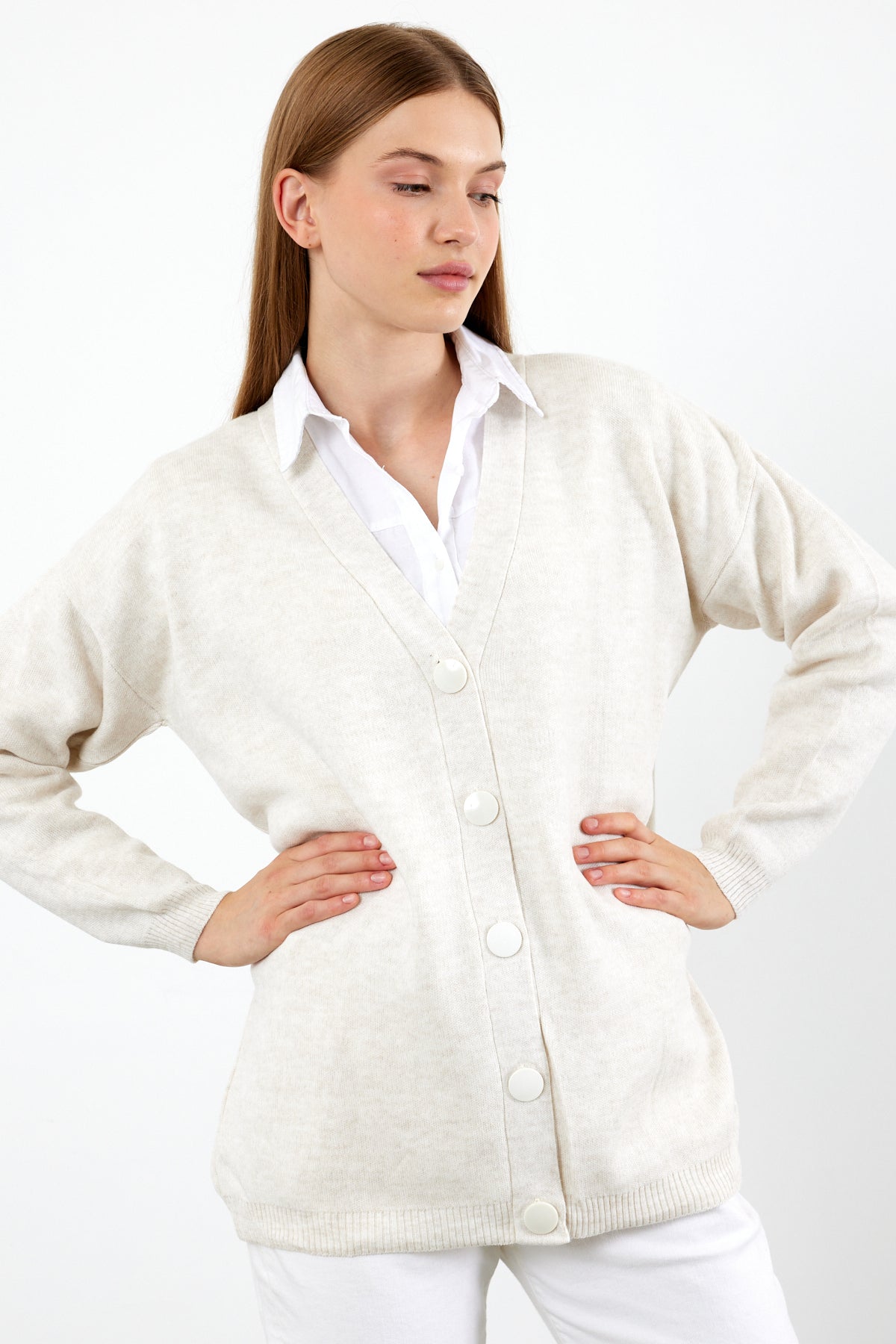 Solid Color Knit Cardigan Mid Length - SKU: 1254