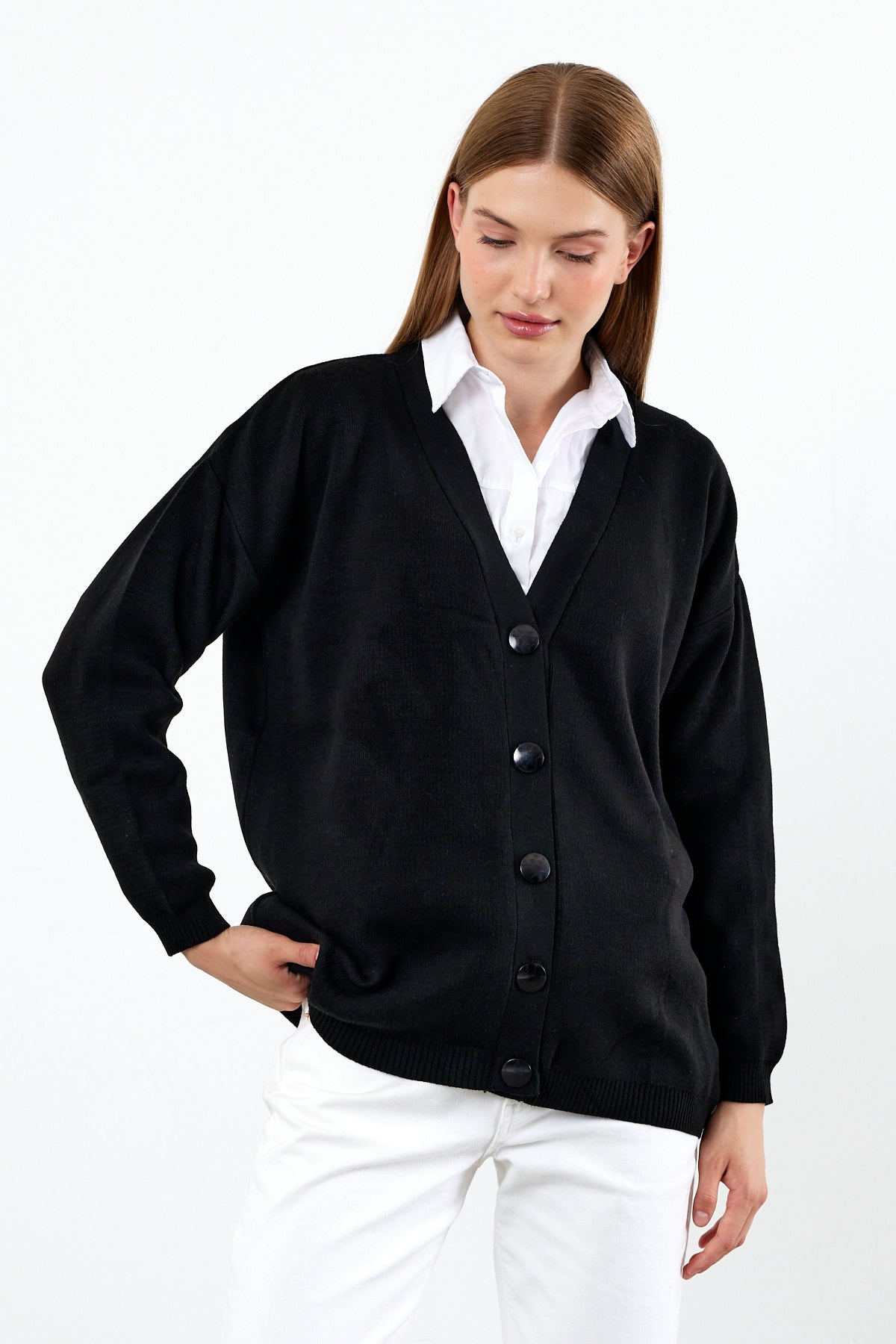 Solid Color Knit Cardigan Mid Length - SKU: 1254