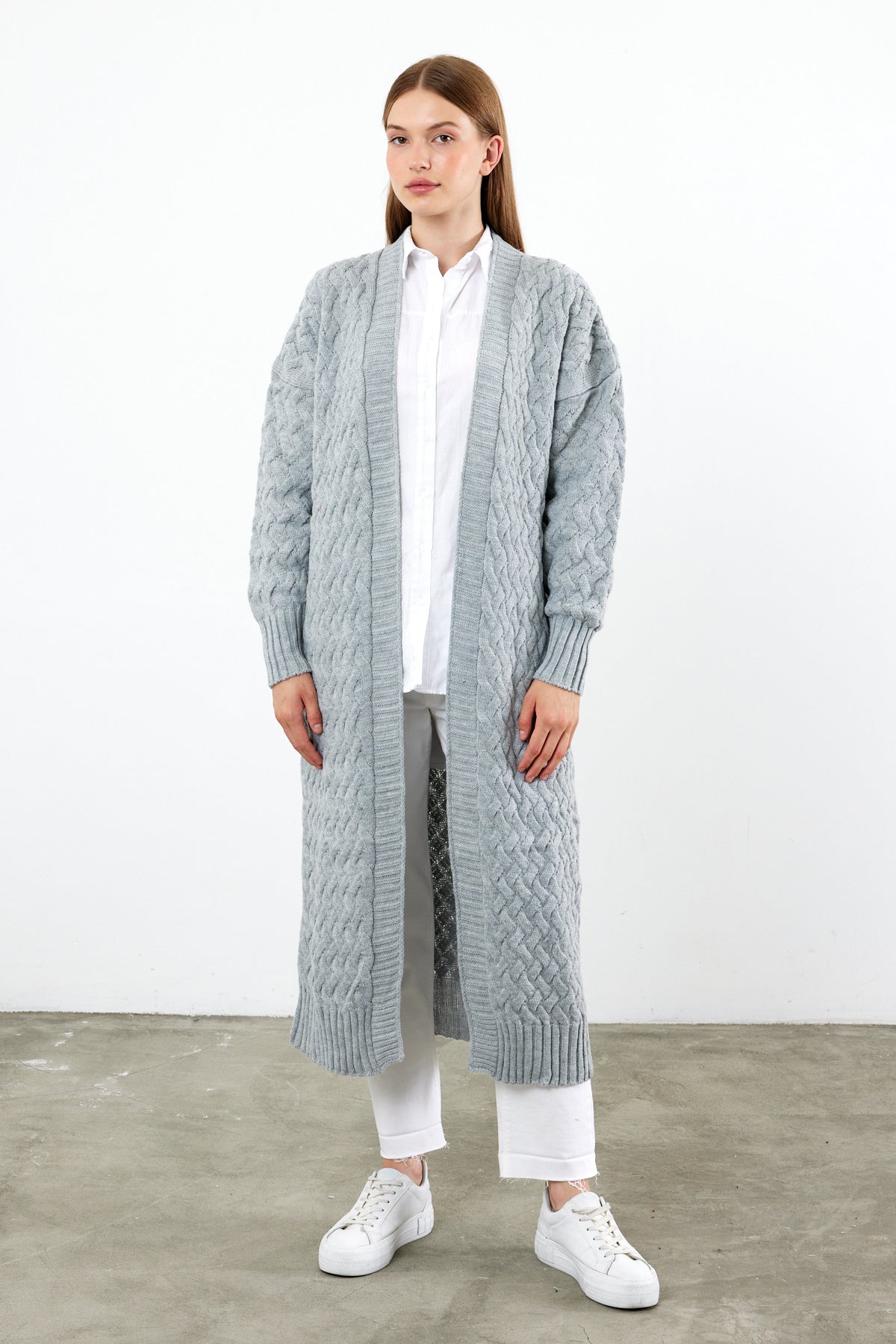 Long Length Knit Cardigan Maxi Length Cover Up Knit Detailed Solid Color - SKU: 3860