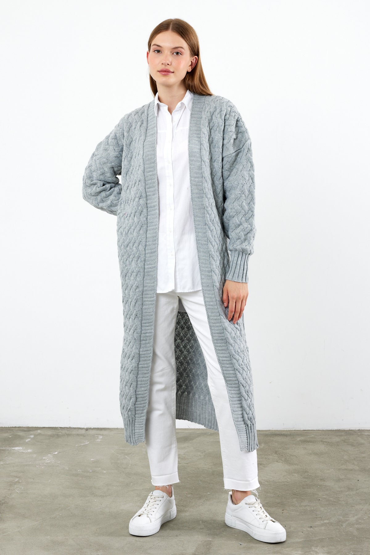 Long Length Knit Cardigan Maxi Length Cover Up Knit Detailed Solid Color - SKU: 3860