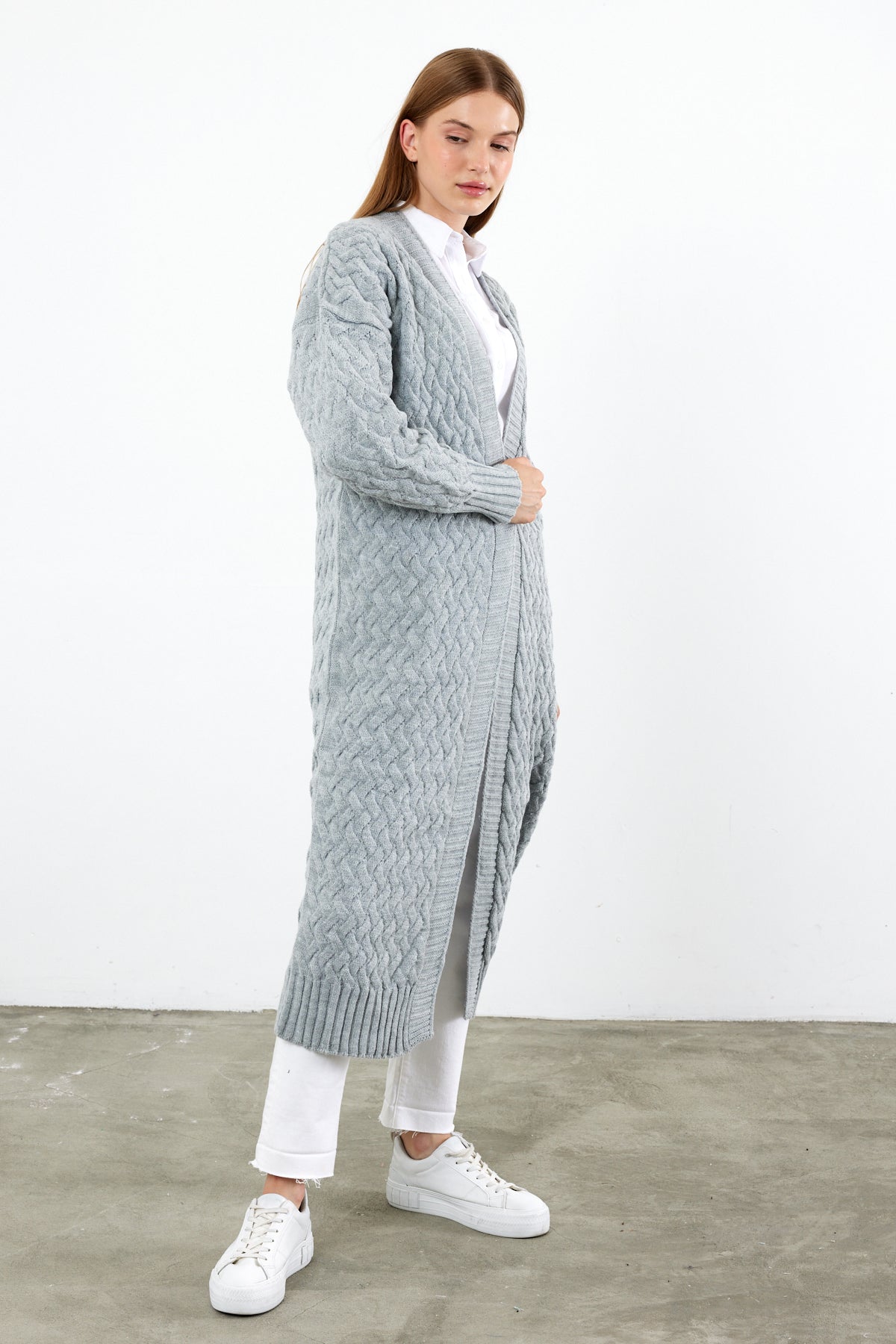 Long Length Knit Cardigan Maxi Length Cover Up Knit Detailed Solid Color - SKU: 3860