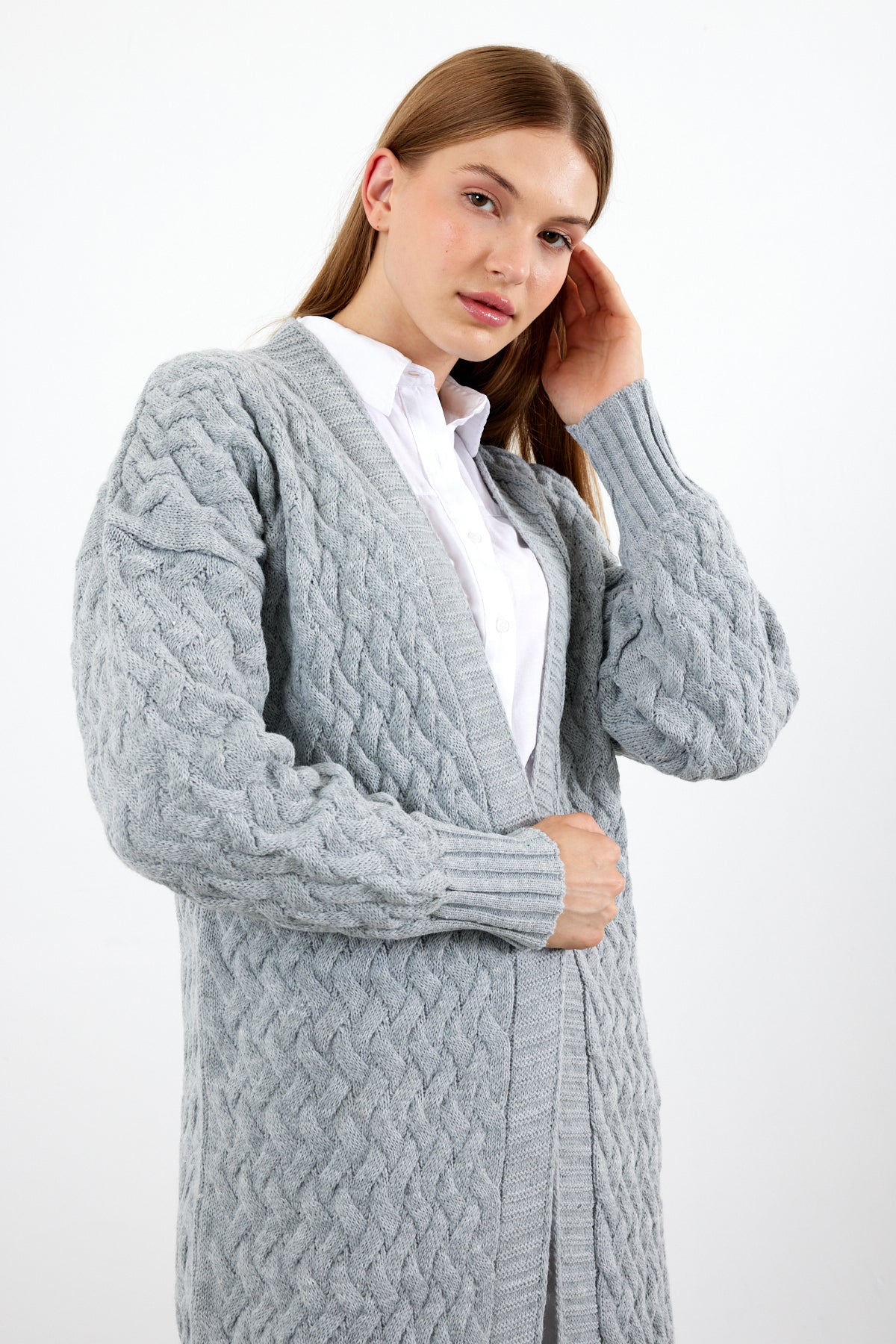 Long Length Knit Cardigan Maxi Length Cover Up Knit Detailed Solid Color - SKU: 3860