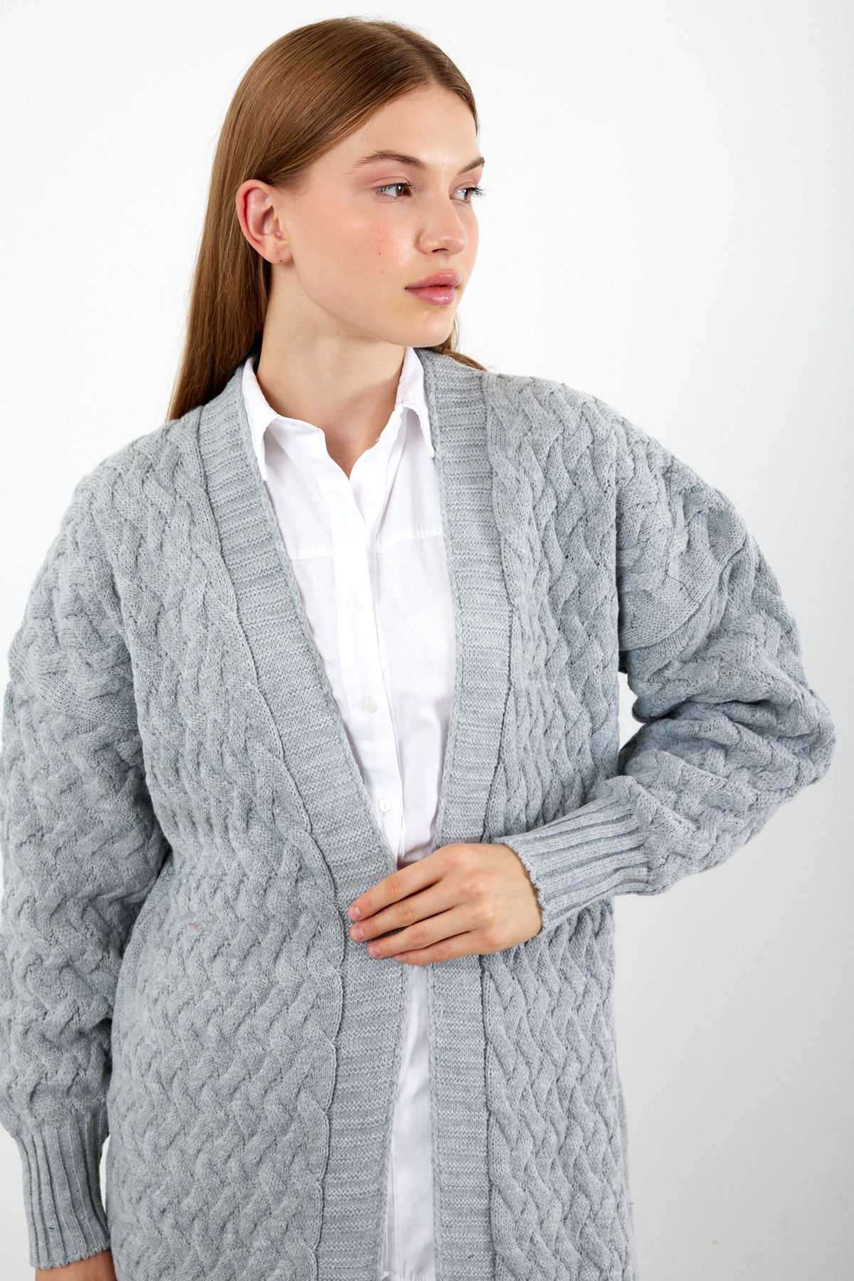 Long Length Knit Cardigan Maxi Length Cover Up Knit Detailed Solid Color - SKU: 3860