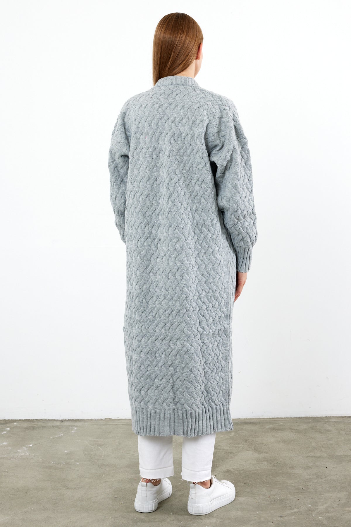 Long Length Knit Cardigan Maxi Length Cover Up Knit Detailed Solid Color - SKU: 3860