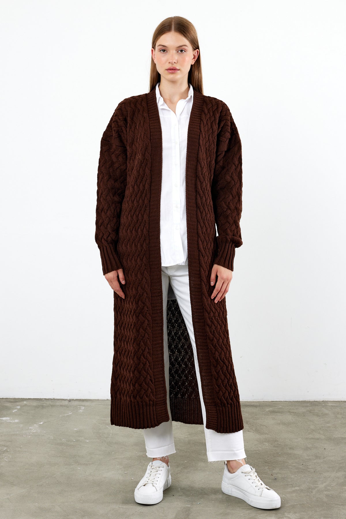 Long Length Knit Cardigan Maxi Length Cover Up Knit Detailed Solid Color - SKU: 3860