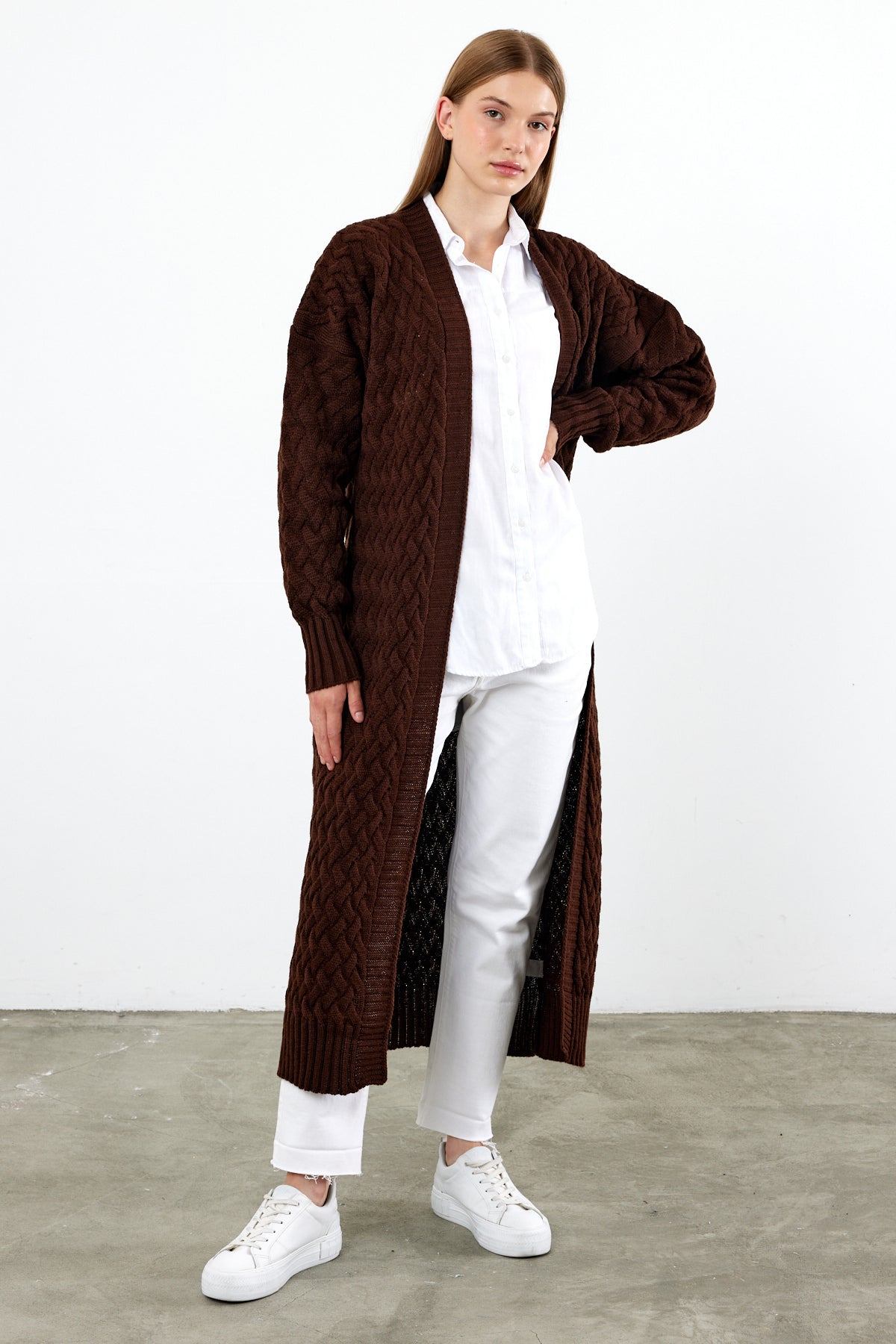 Long Length Knit Cardigan Maxi Length Cover Up Knit Detailed Solid Color - SKU: 3860