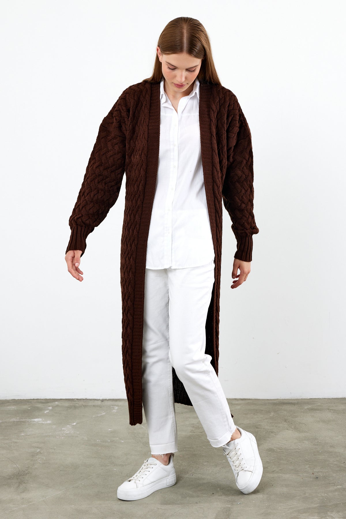 Long Length Knit Cardigan Maxi Length Cover Up Knit Detailed Solid Color - SKU: 3860