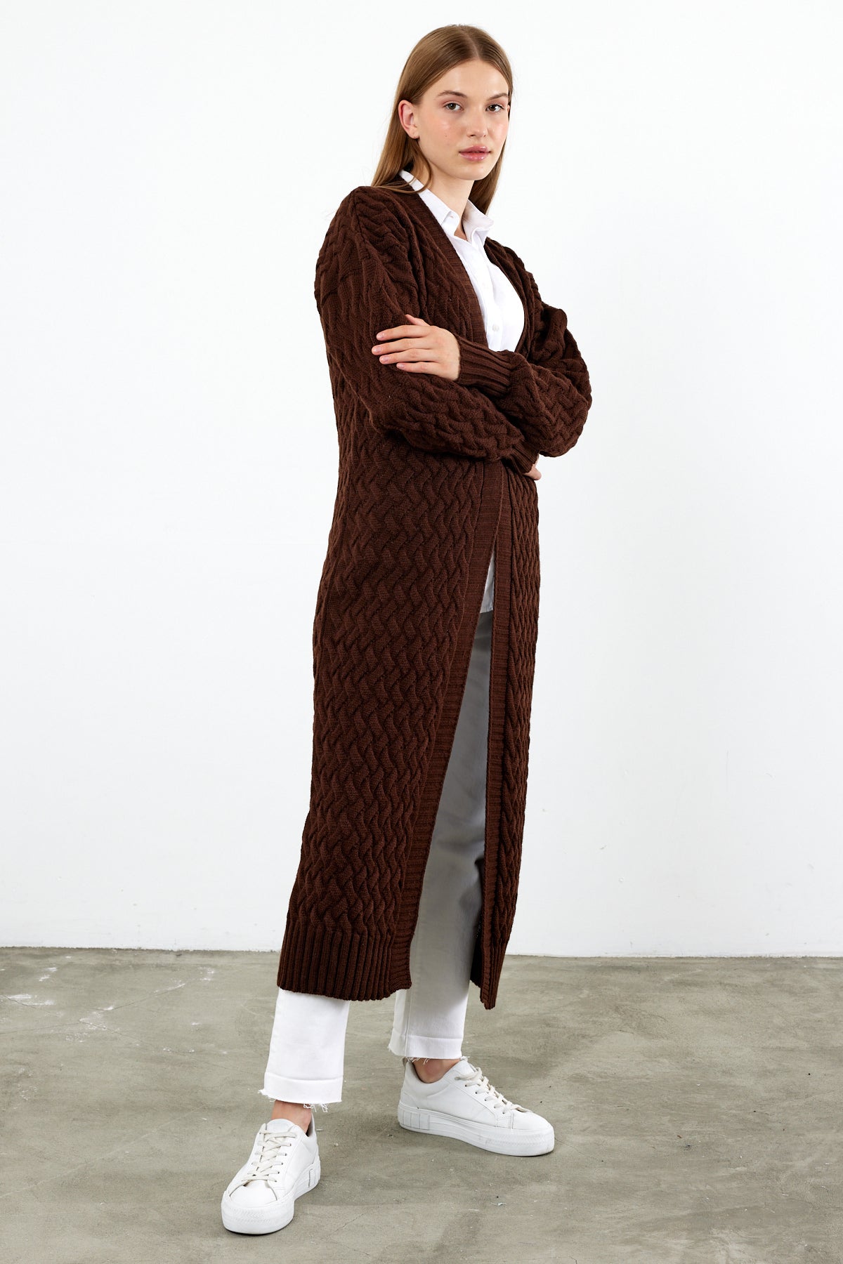 Long Length Knit Cardigan Maxi Length Cover Up Knit Detailed Solid Color - SKU: 3860