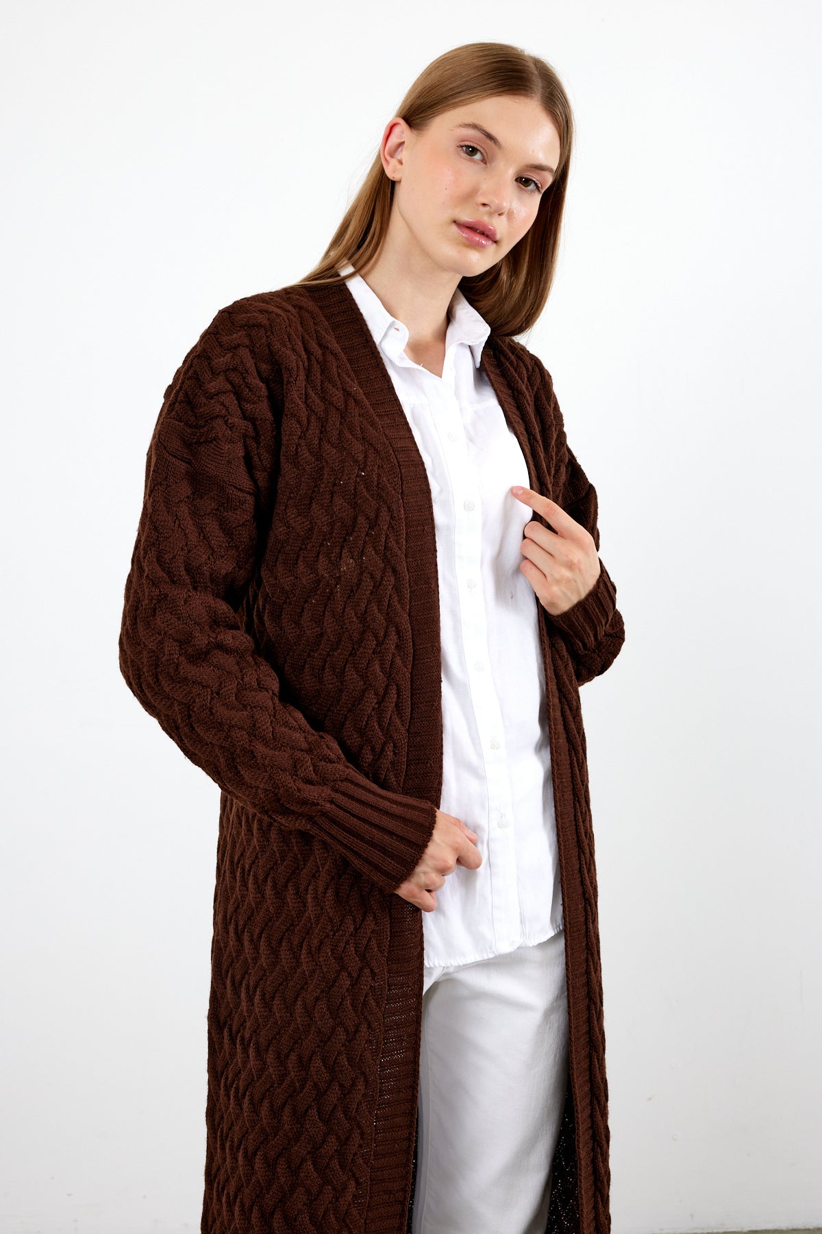 Long Length Knit Cardigan Maxi Length Cover Up Knit Detailed Solid Color - SKU: 3860