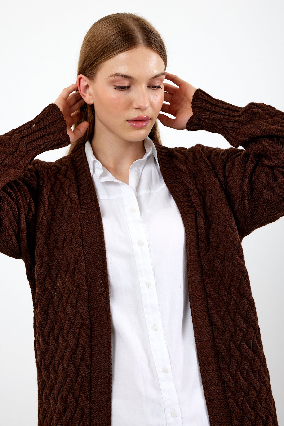 Long Length Knit Cardigan Maxi Length Cover Up Knit Detailed Solid Color - SKU: 3860