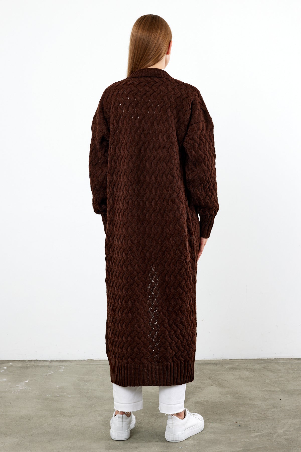 Long Length Knit Cardigan Maxi Length Cover Up Knit Detailed Solid Color - SKU: 3860