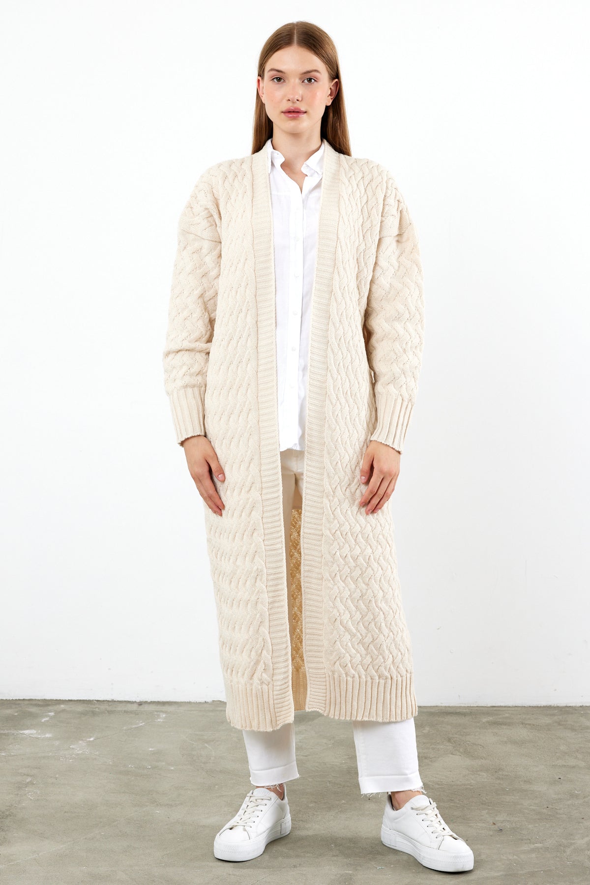 Long Length Knit Cardigan Maxi Length Cover Up Knit Detailed Solid Color - SKU: 3860