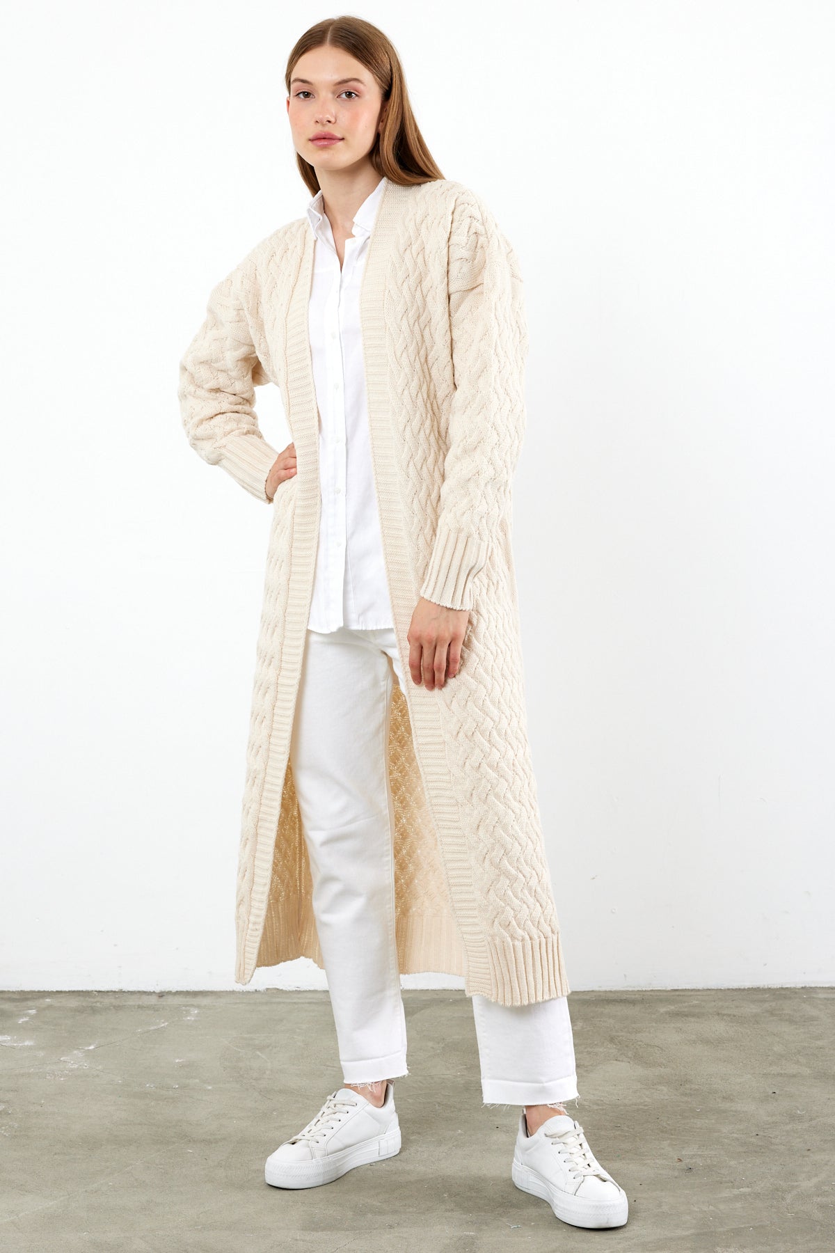 Long Length Knit Cardigan Maxi Length Cover Up Knit Detailed Solid Color - SKU: 3860