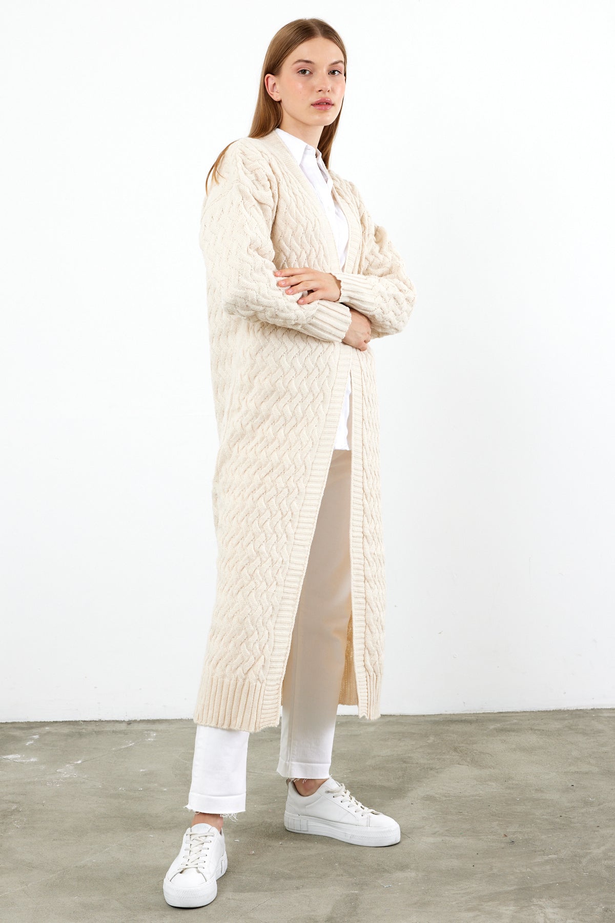 Long Length Knit Cardigan Maxi Length Cover Up Knit Detailed Solid Color - SKU: 3860