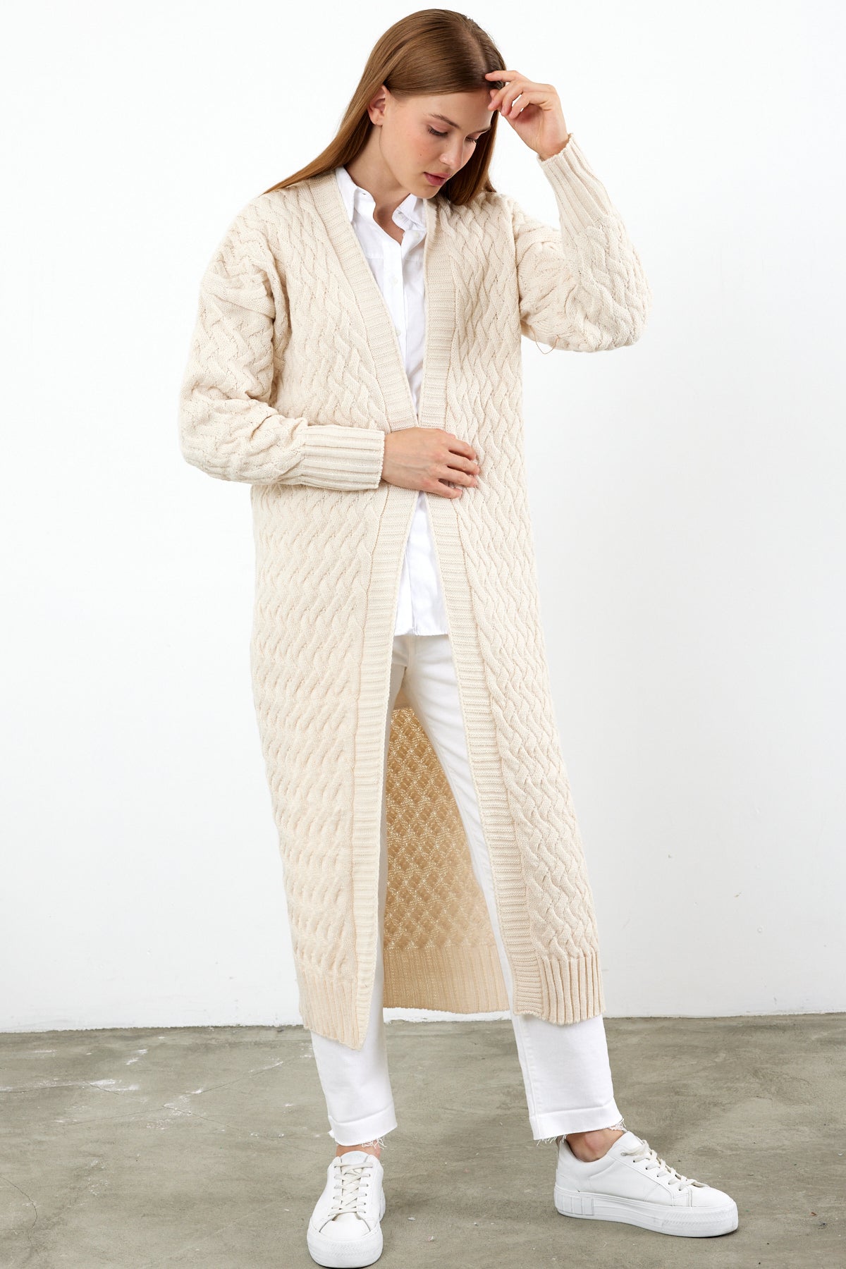 Long Length Knit Cardigan Maxi Length Cover Up Knit Detailed Solid Color - SKU: 3860