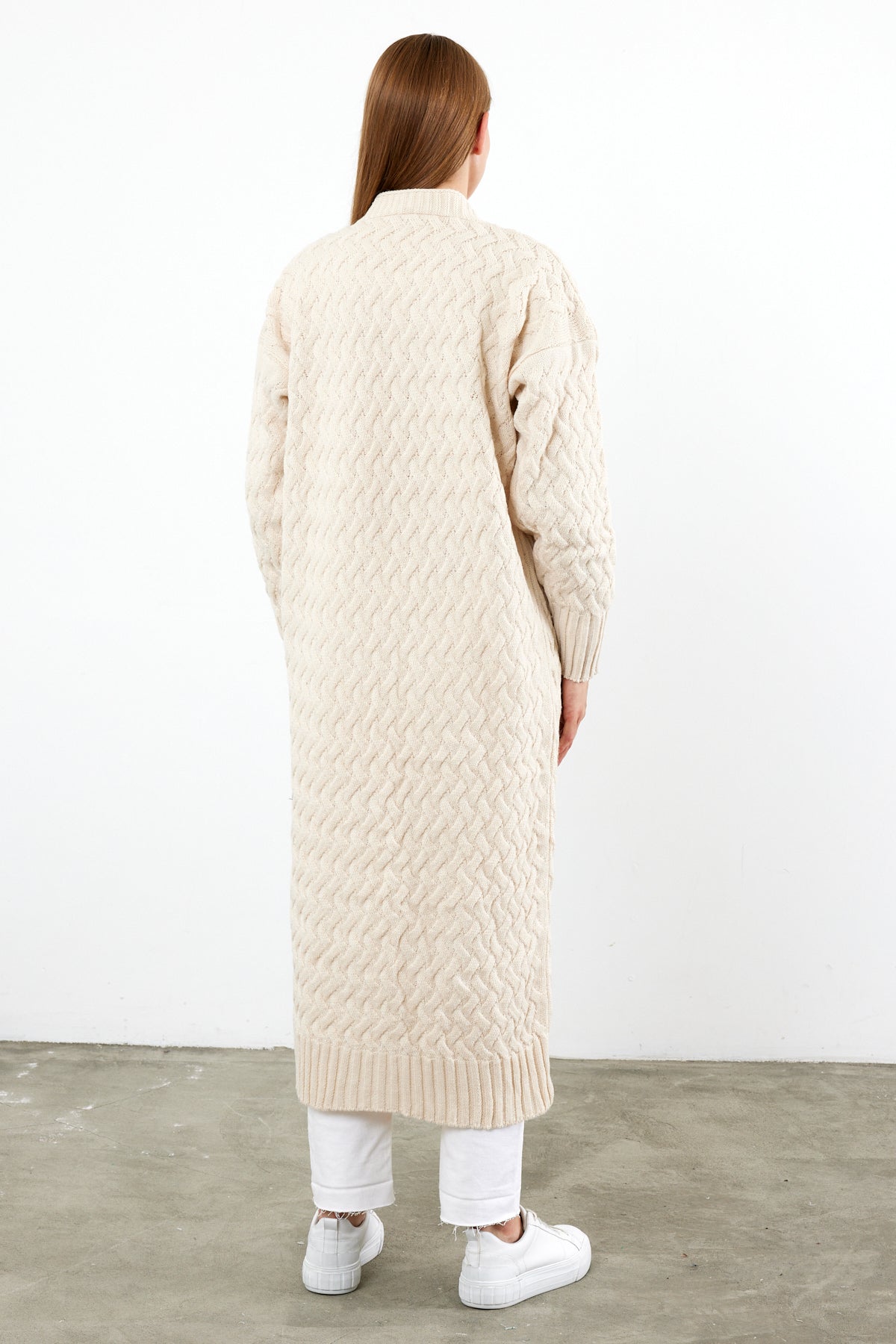 Long Length Knit Cardigan Maxi Length Cover Up Knit Detailed Solid Color - SKU: 3860