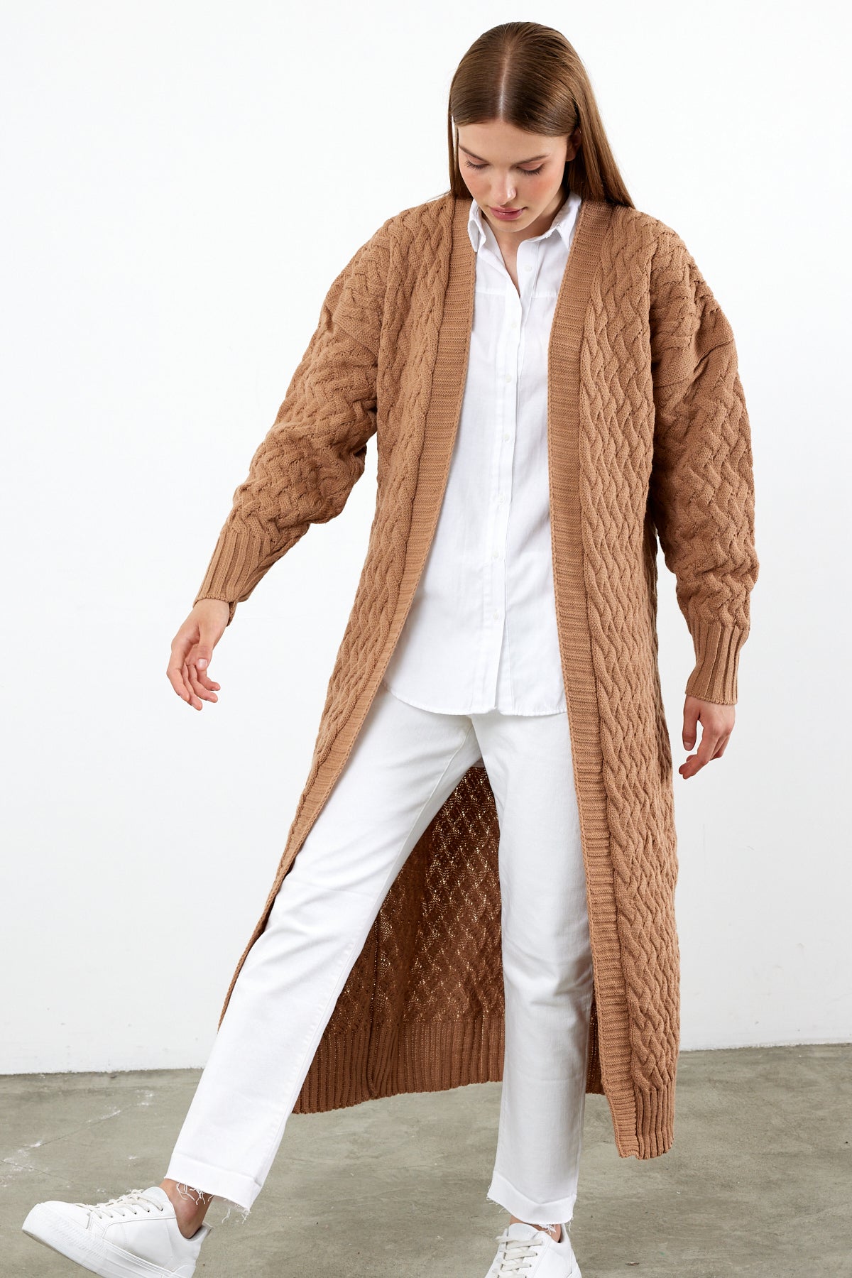 Long Length Knit Cardigan Maxi Length Cover Up Knit Detailed Solid Color - SKU: 3860