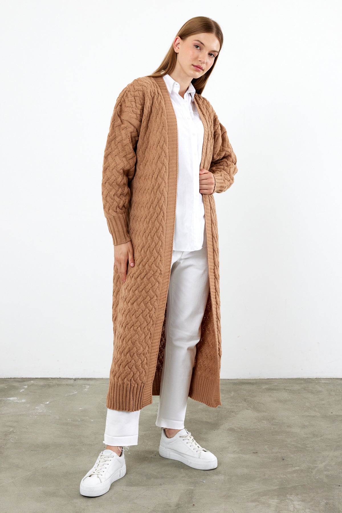 Long Length Knit Cardigan Maxi Length Cover Up Knit Detailed Solid Color - SKU: 3860