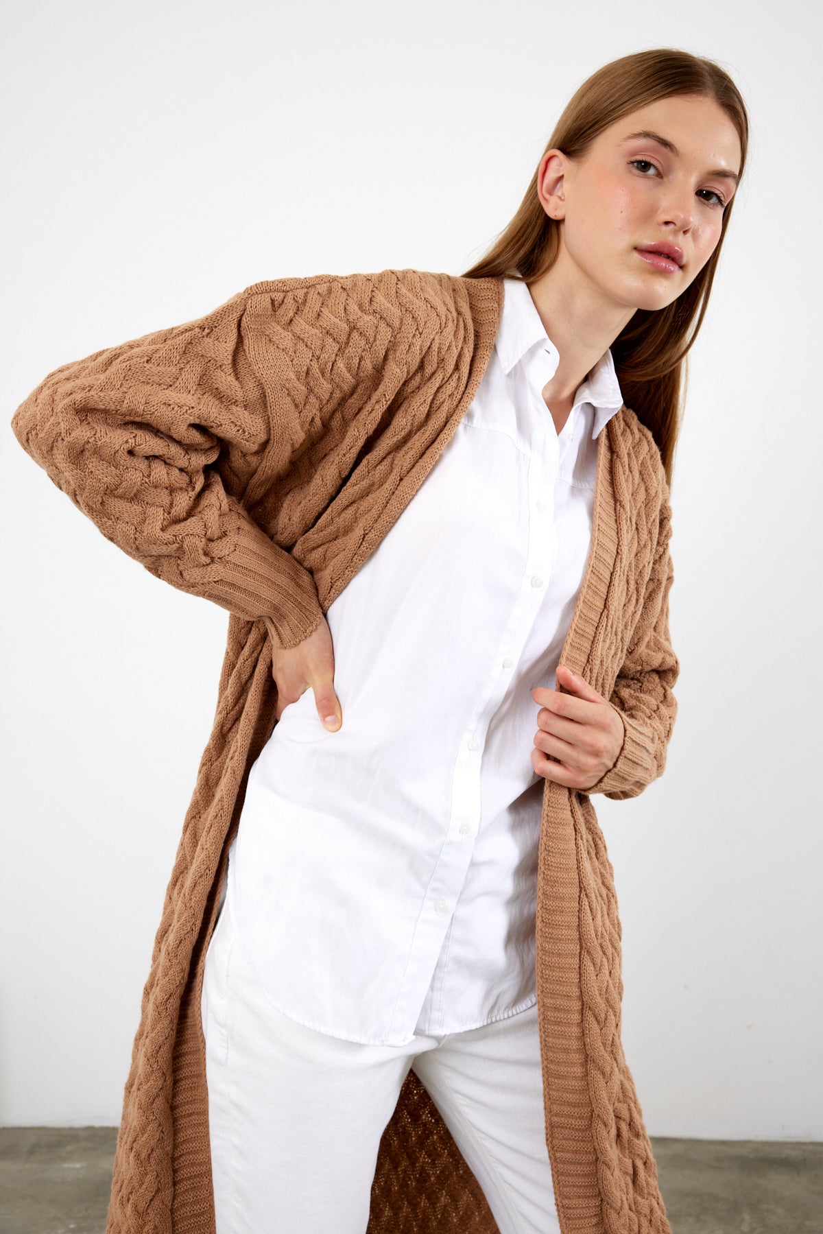 Long Length Knit Cardigan Maxi Length Cover Up Knit Detailed Solid Color - SKU: 3860