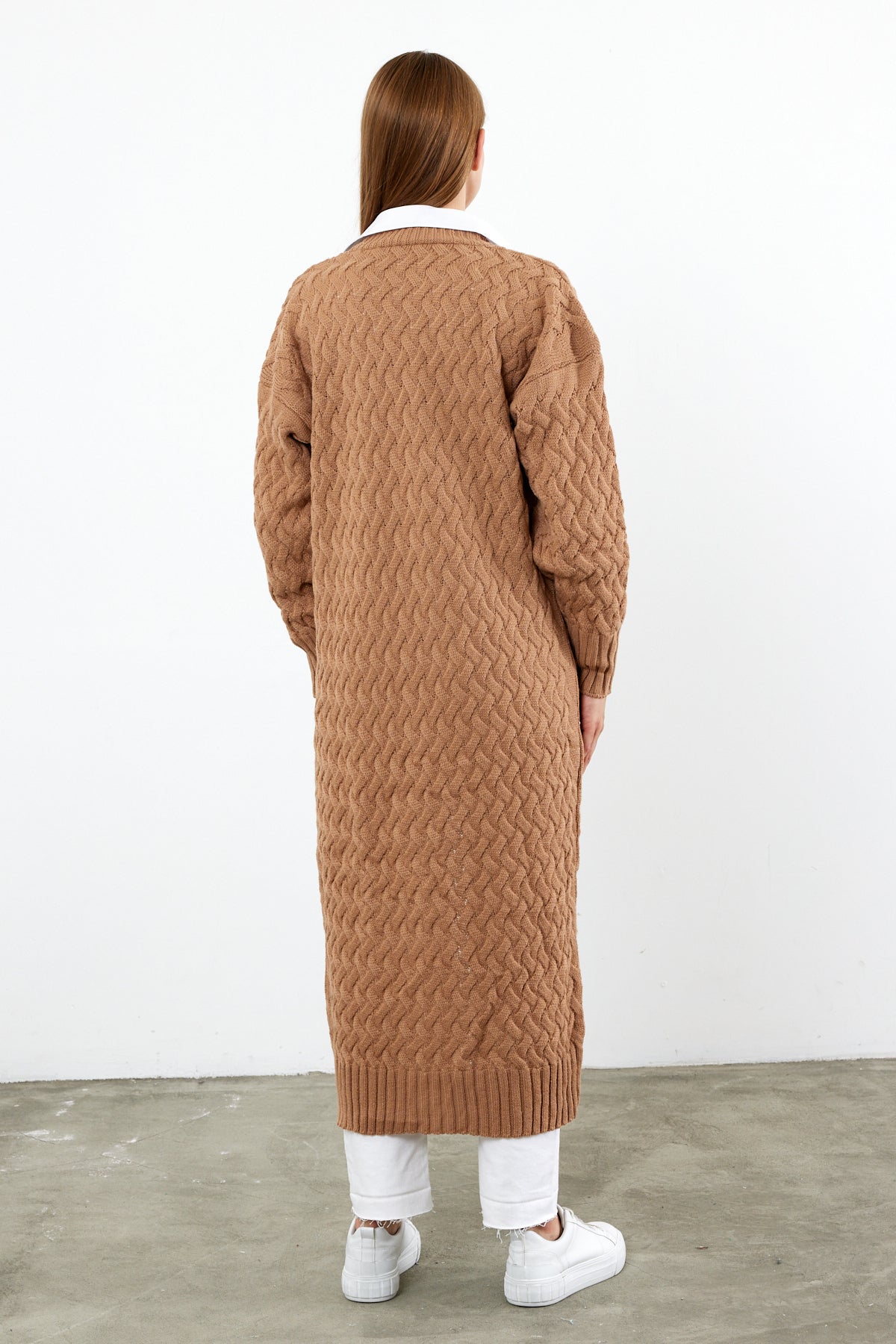 Long Length Knit Cardigan Maxi Length Cover Up Knit Detailed Solid Color - SKU: 3860