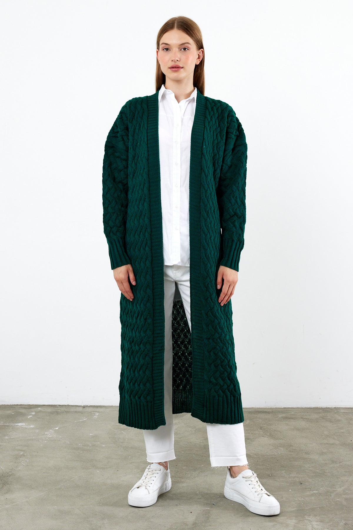 Long Length Knit Cardigan Maxi Length Cover Up Knit Detailed Solid Color - SKU: 3860