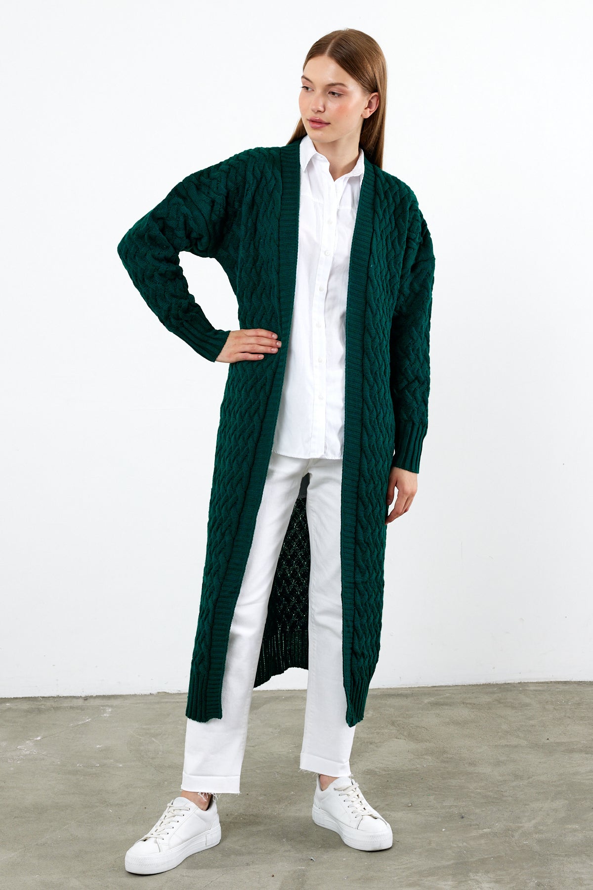 Long Length Knit Cardigan Maxi Length Cover Up Knit Detailed Solid Color - SKU: 3860