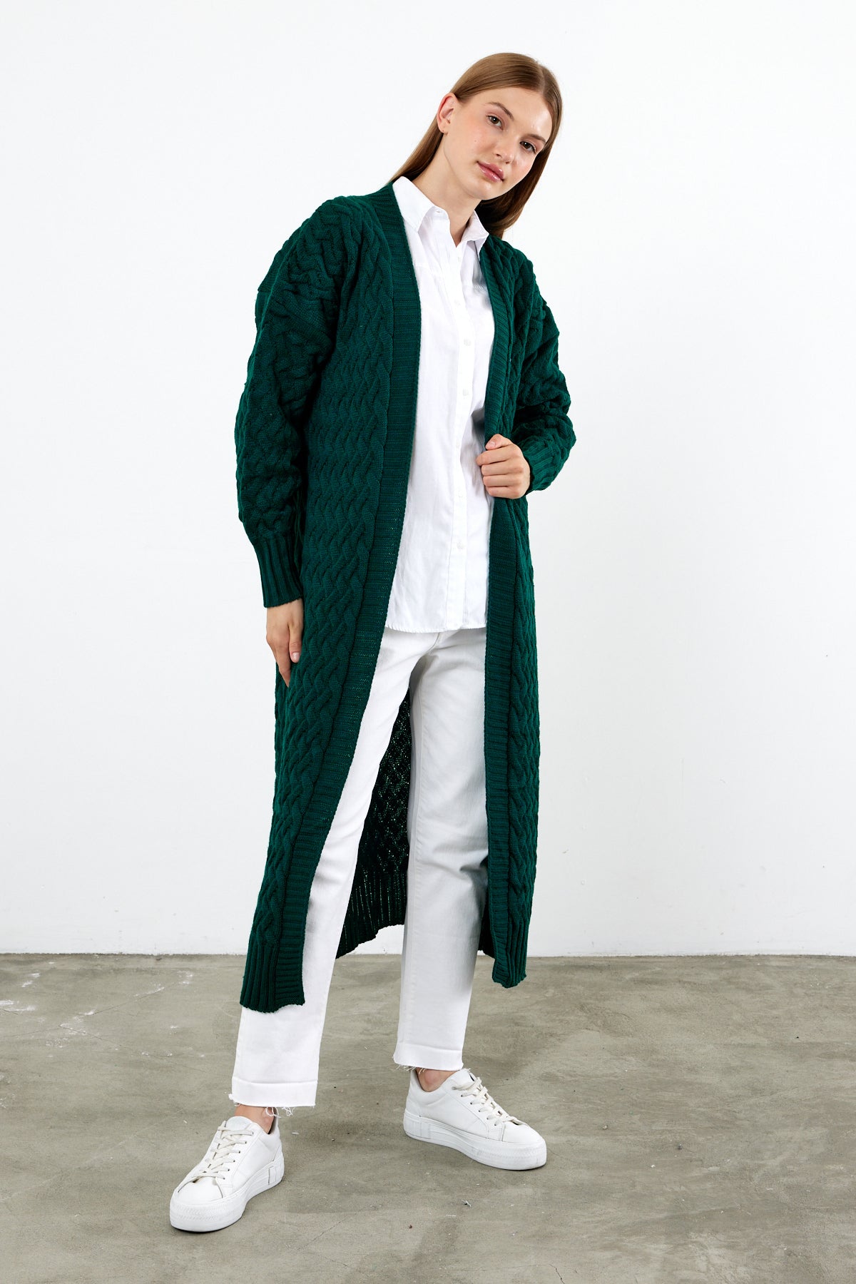 Long Length Knit Cardigan Maxi Length Cover Up Knit Detailed Solid Color - SKU: 3860