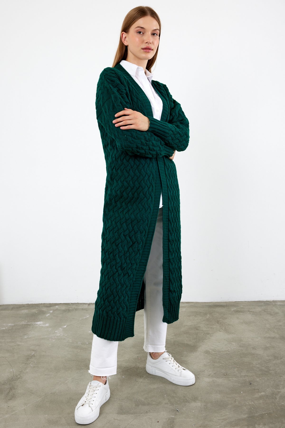 Long Length Knit Cardigan Maxi Length Cover Up Knit Detailed Solid Color - SKU: 3860