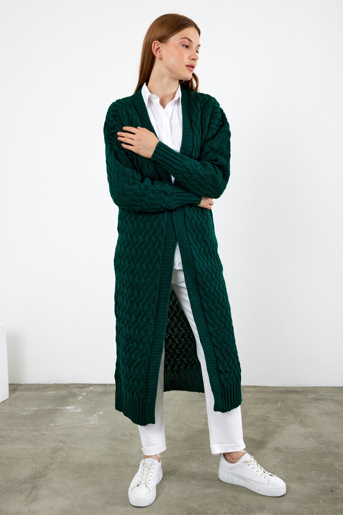 Long Length Knit Cardigan Maxi Length Cover Up Knit Detailed Solid Color - SKU: 3860