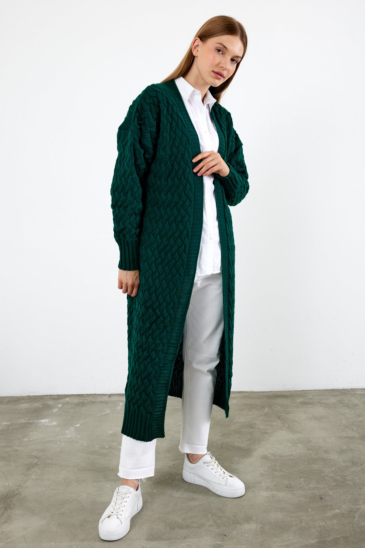 Long Length Knit Cardigan Maxi Length Cover Up Knit Detailed Solid Color - SKU: 3860