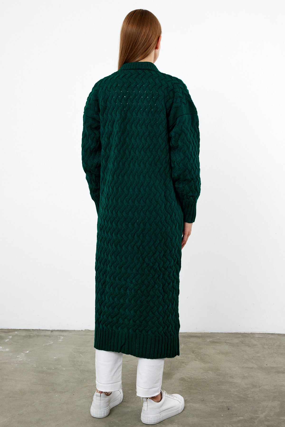 Long Length Knit Cardigan Maxi Length Cover Up Knit Detailed Solid Color - SKU: 3860