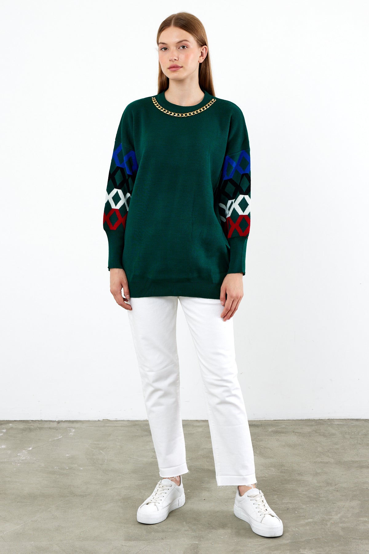 Knit Tunic Sweater Knit Mini Dress Arm Pattern Detailed- SKU: 3010