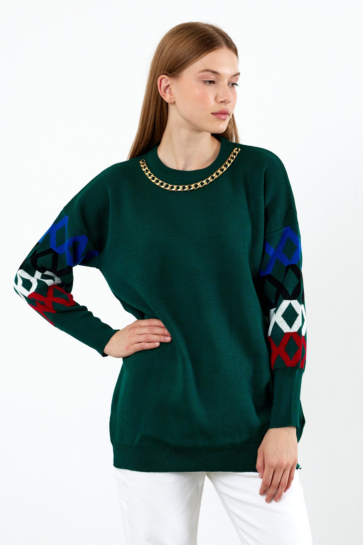 Knit Tunic Sweater Knit Mini Dress Arm Pattern Detailed- SKU: 3010