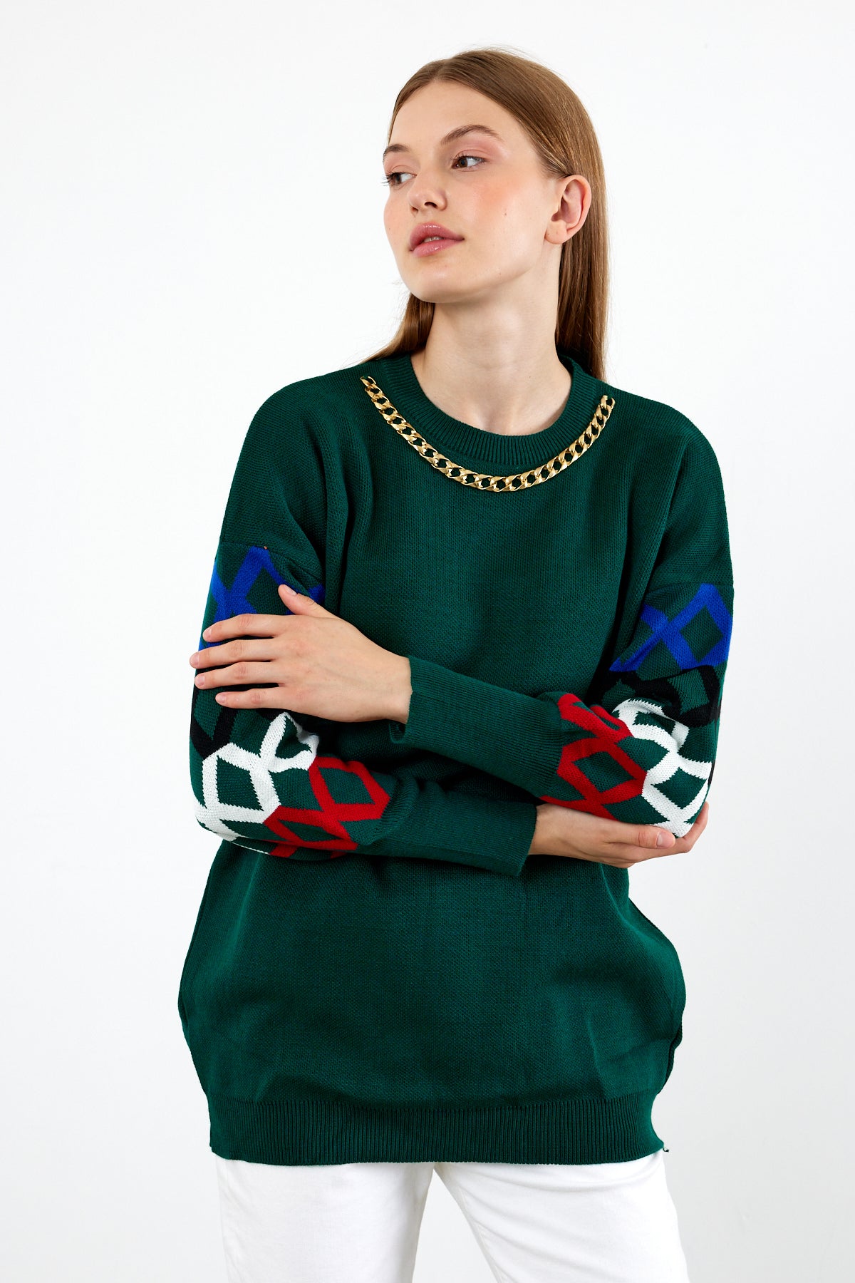 Knit Tunic Sweater Knit Mini Dress Arm Pattern Detailed- SKU: 3010