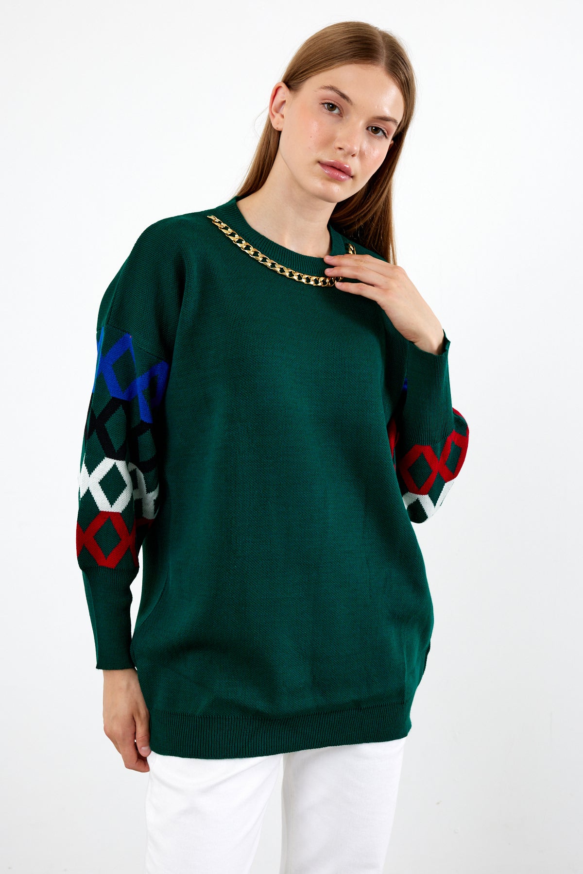 Knit Tunic Sweater Knit Mini Dress Arm Pattern Detailed- SKU: 3010