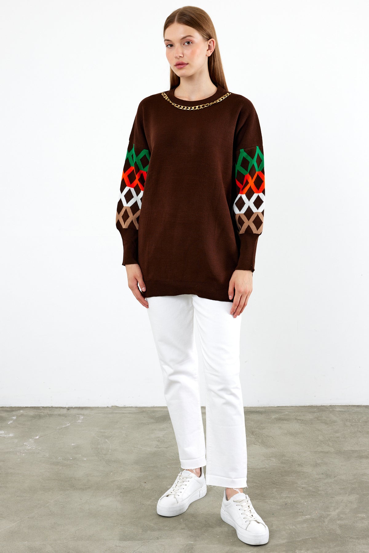 Knit Tunic Sweater Knit Mini Dress Arm Pattern Detailed- SKU: 3010