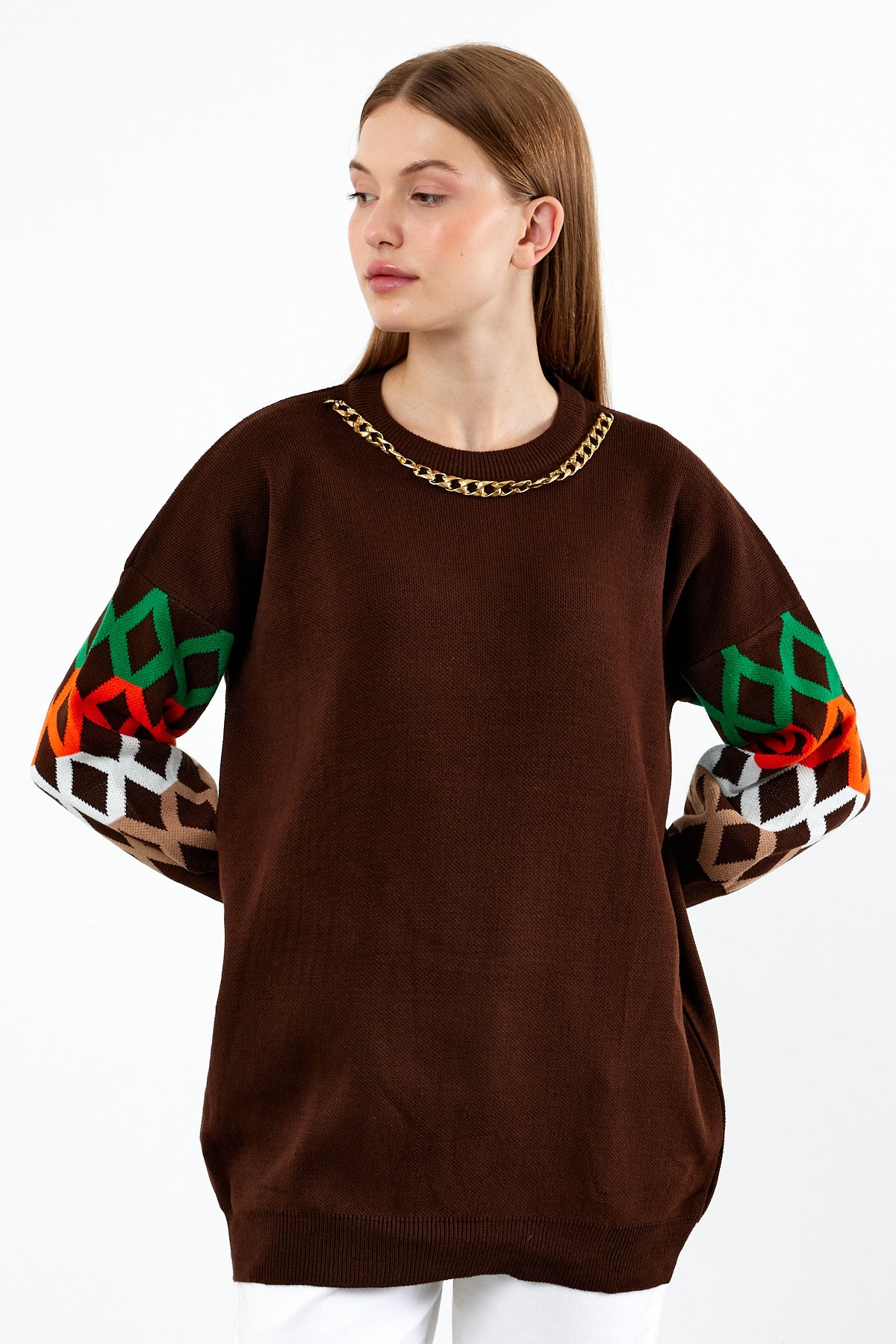 Knit Tunic Sweater Knit Mini Dress Arm Pattern Detailed- SKU: 3010