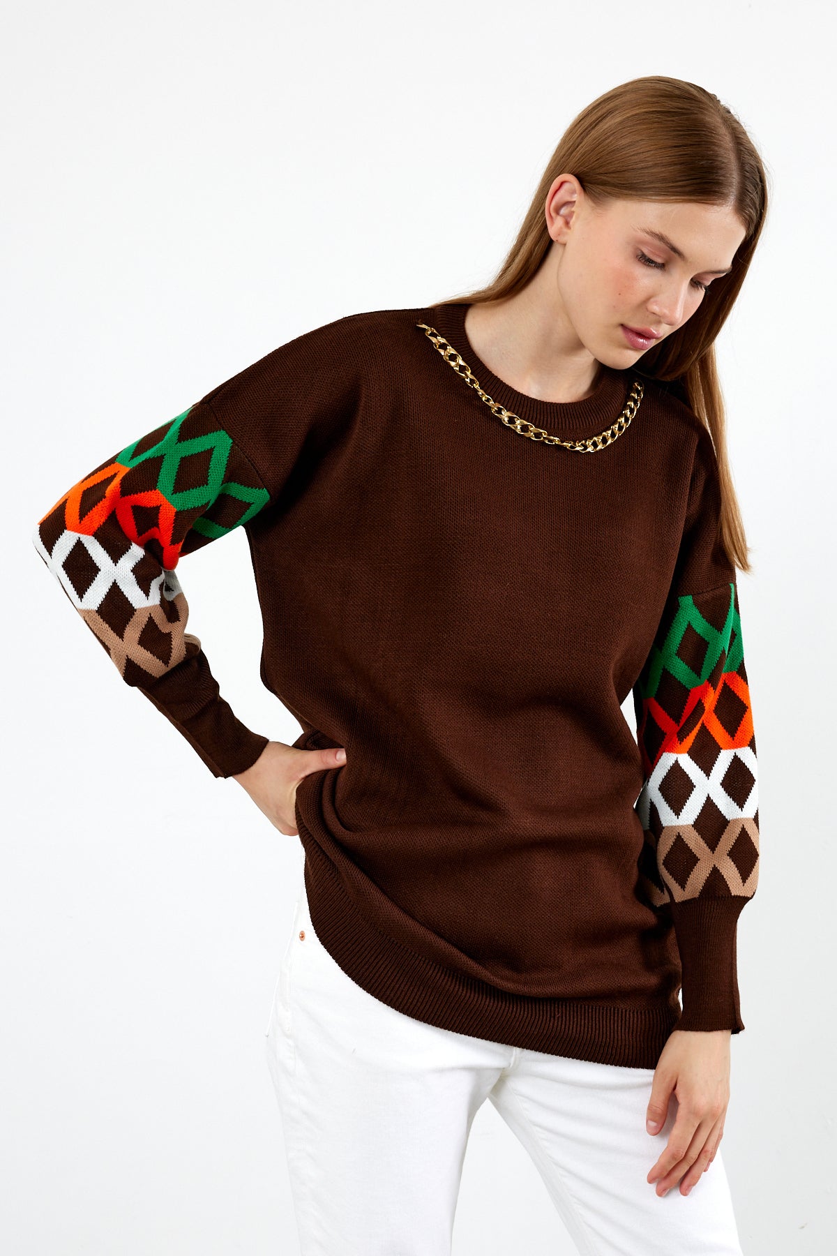 Knit Tunic Sweater Knit Mini Dress Arm Pattern Detailed- SKU: 3010