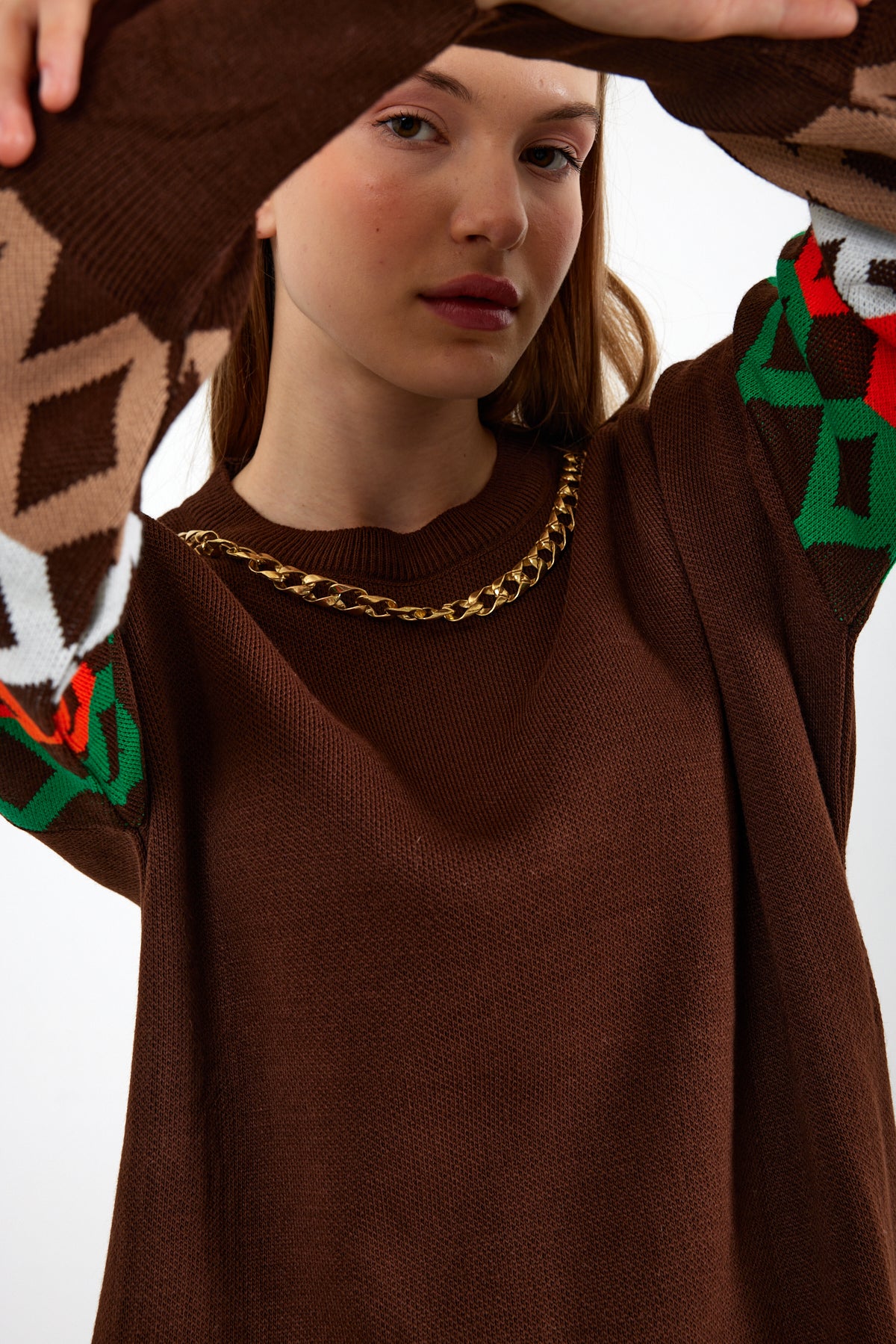 Knit Tunic Sweater Knit Mini Dress Arm Pattern Detailed- SKU: 3010